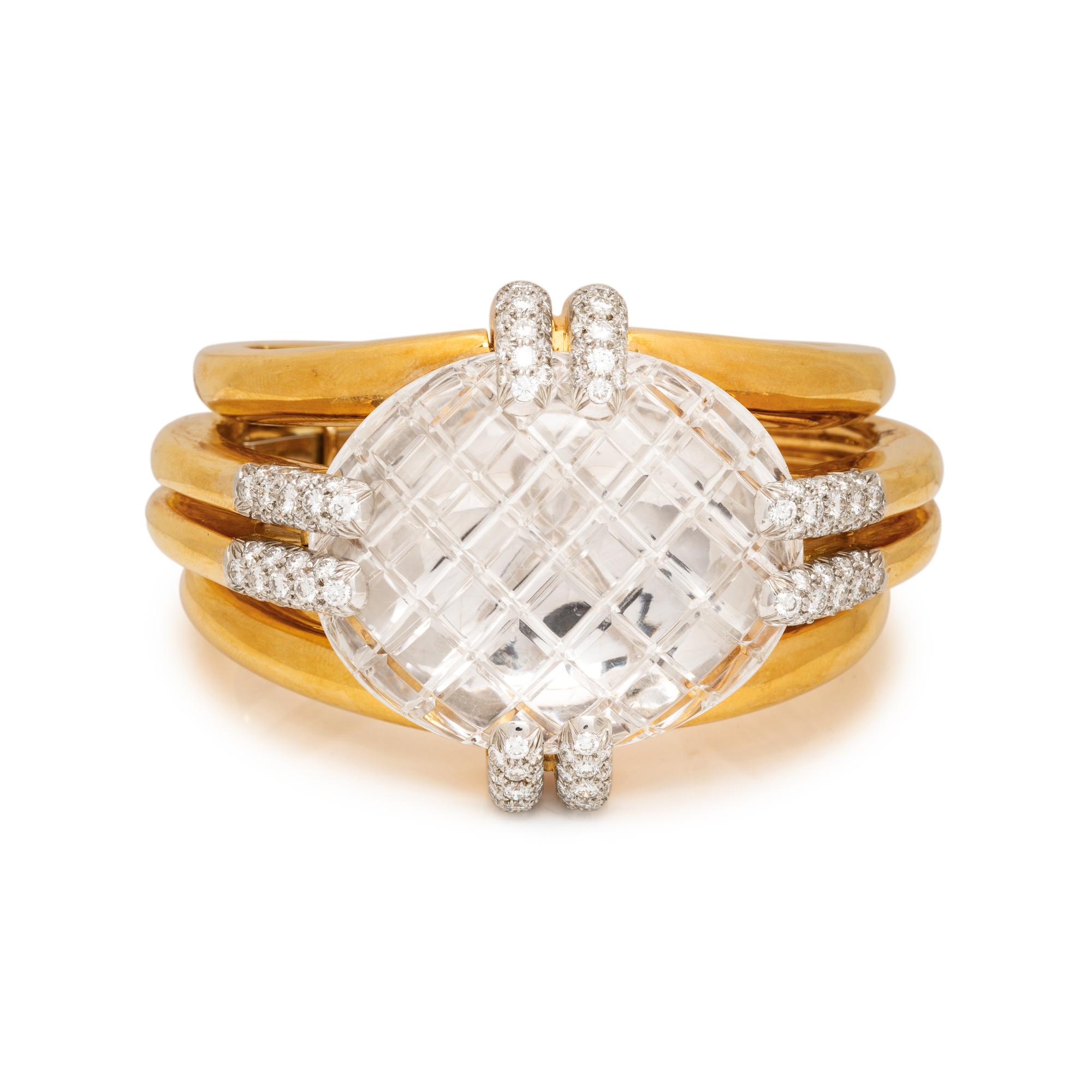 DAVID WEBB, CARVED ROCK CRYSTAL AND DIAMOND CUFF BRACELET