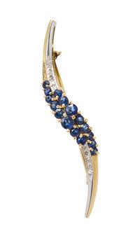 A 14 Karat Yellow Gold, Sapphire and Diamond Brooch, 1.80 dwts.