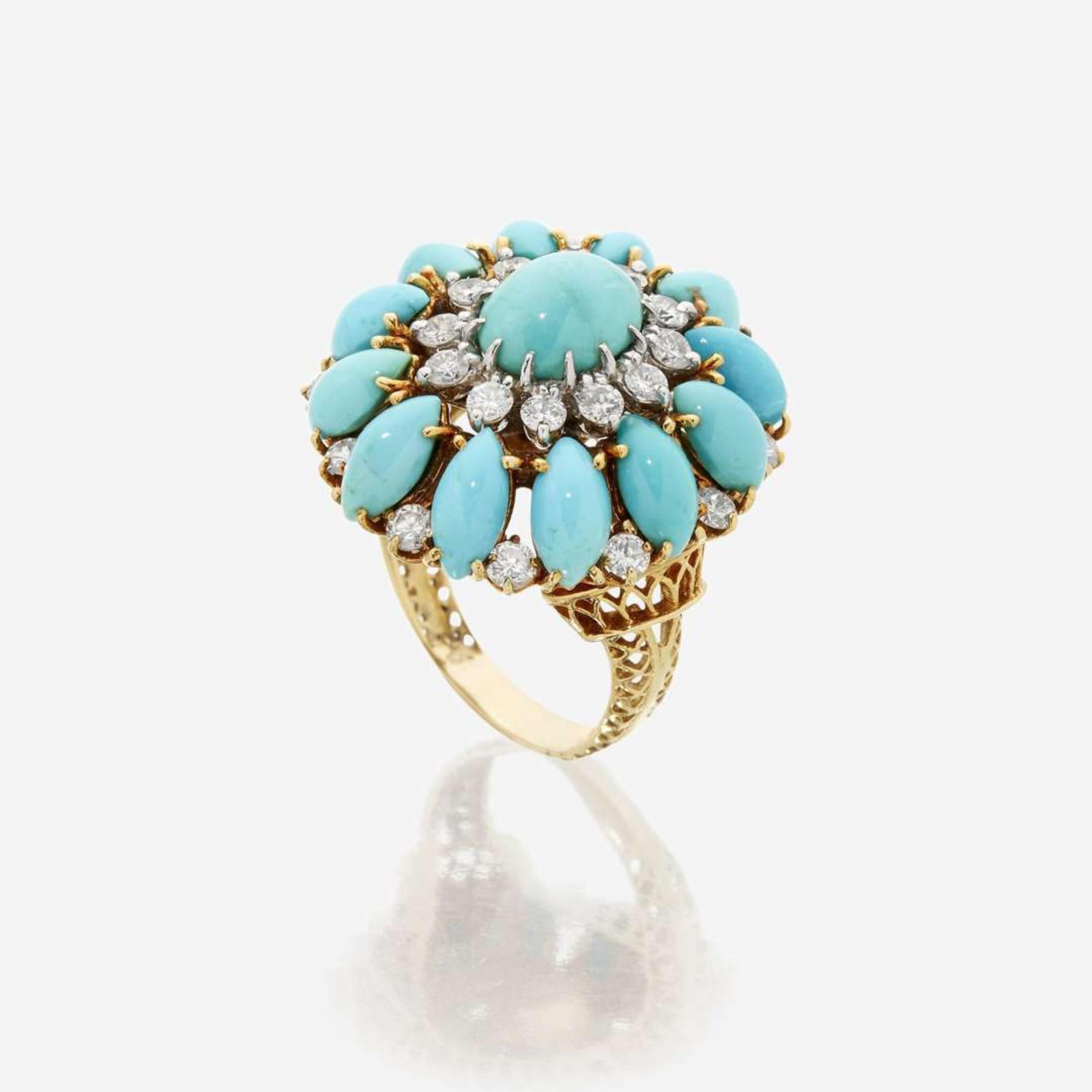 A turquoise, diamond, and eighteen karat gold ring