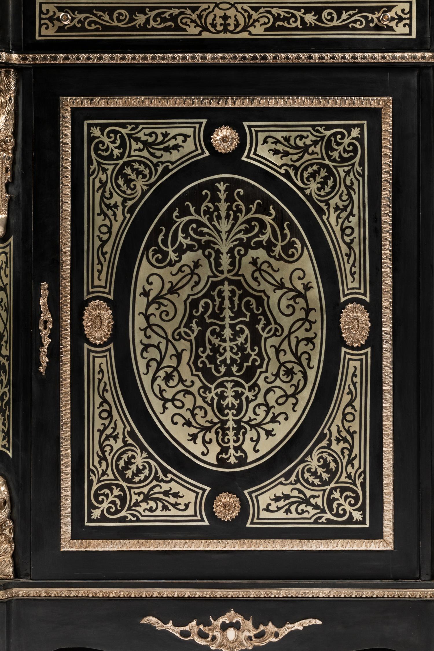 A Pair of Napoleon III Style Pewter Inlaid Marble-Top Cabinets