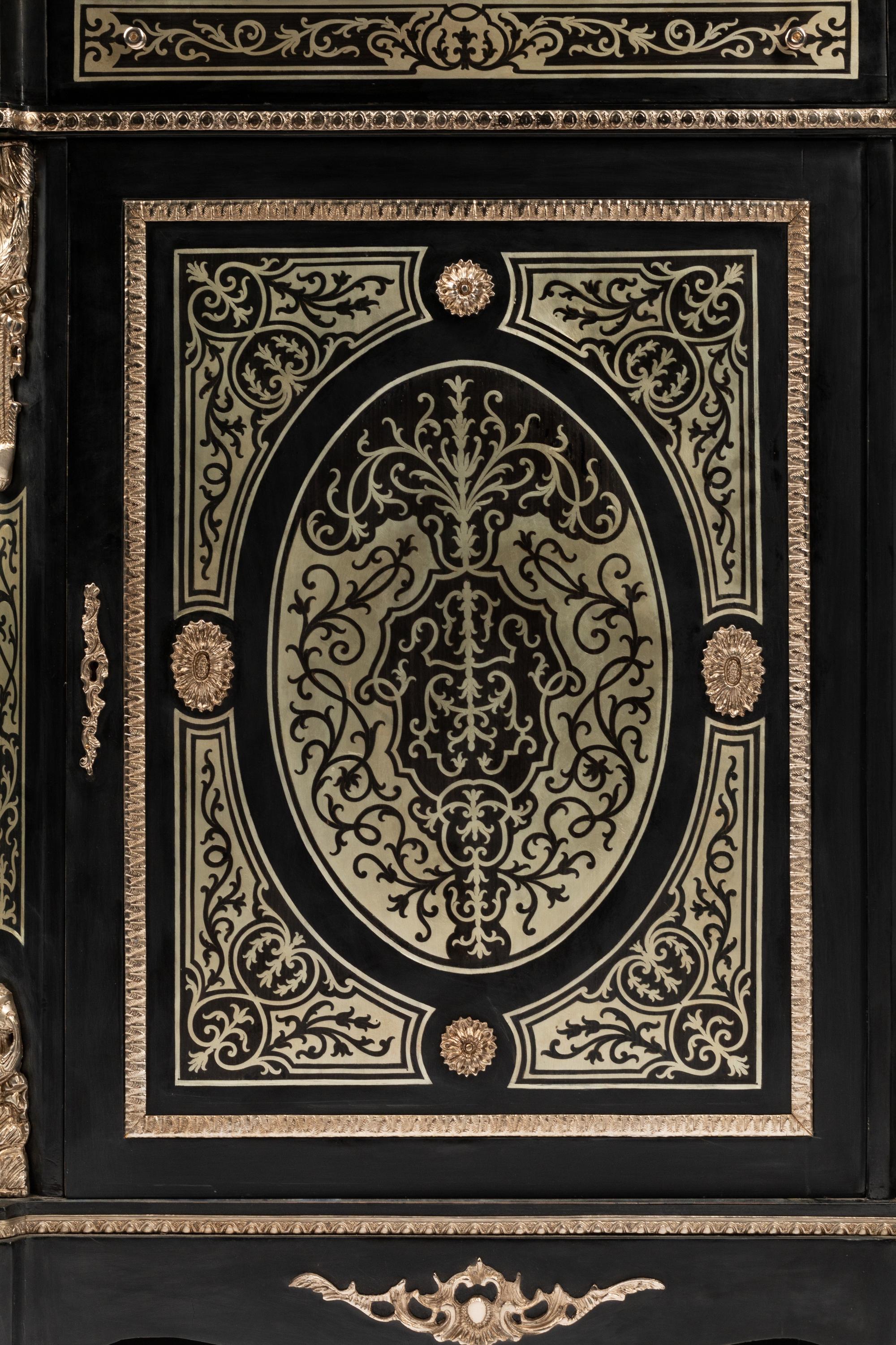 A Pair of Napoleon III Style Pewter Inlaid Marble-Top Cabinets