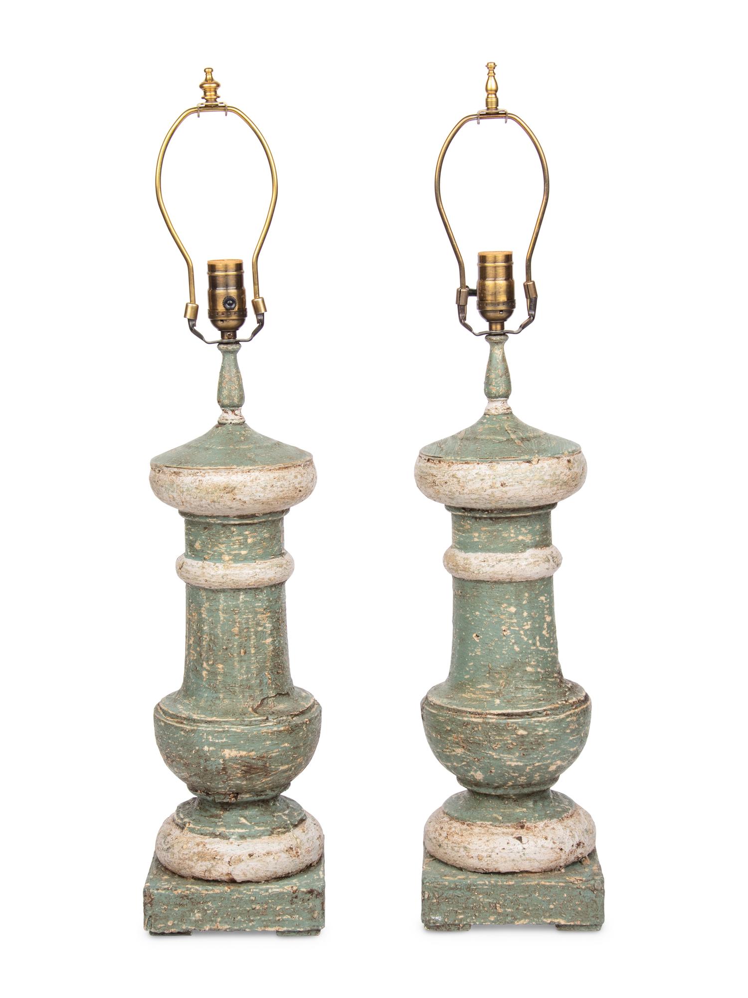 A Pair of Painted Wood Finial-Form Lamps