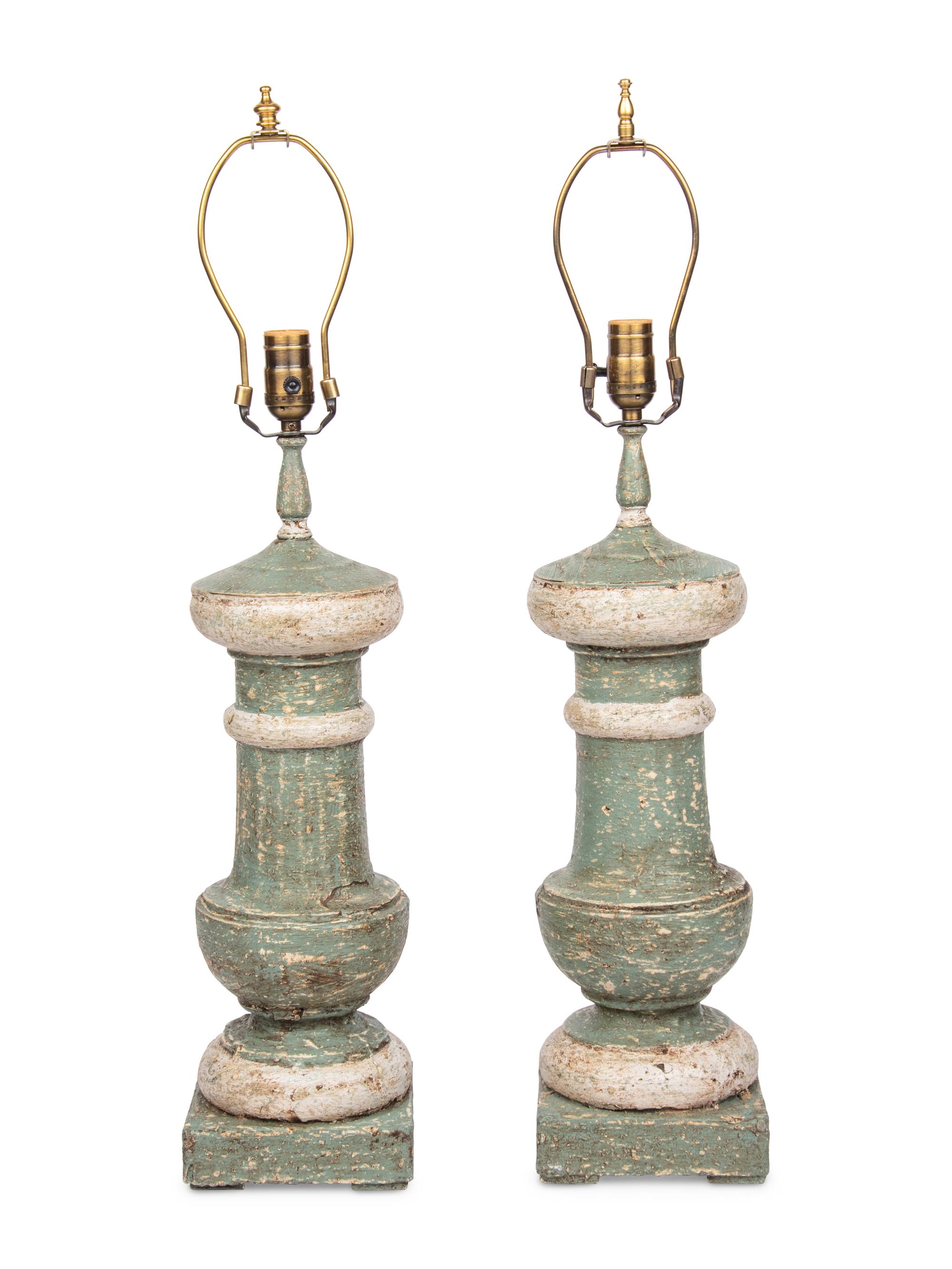 A Pair of Painted Wood Finial-Form Lamps