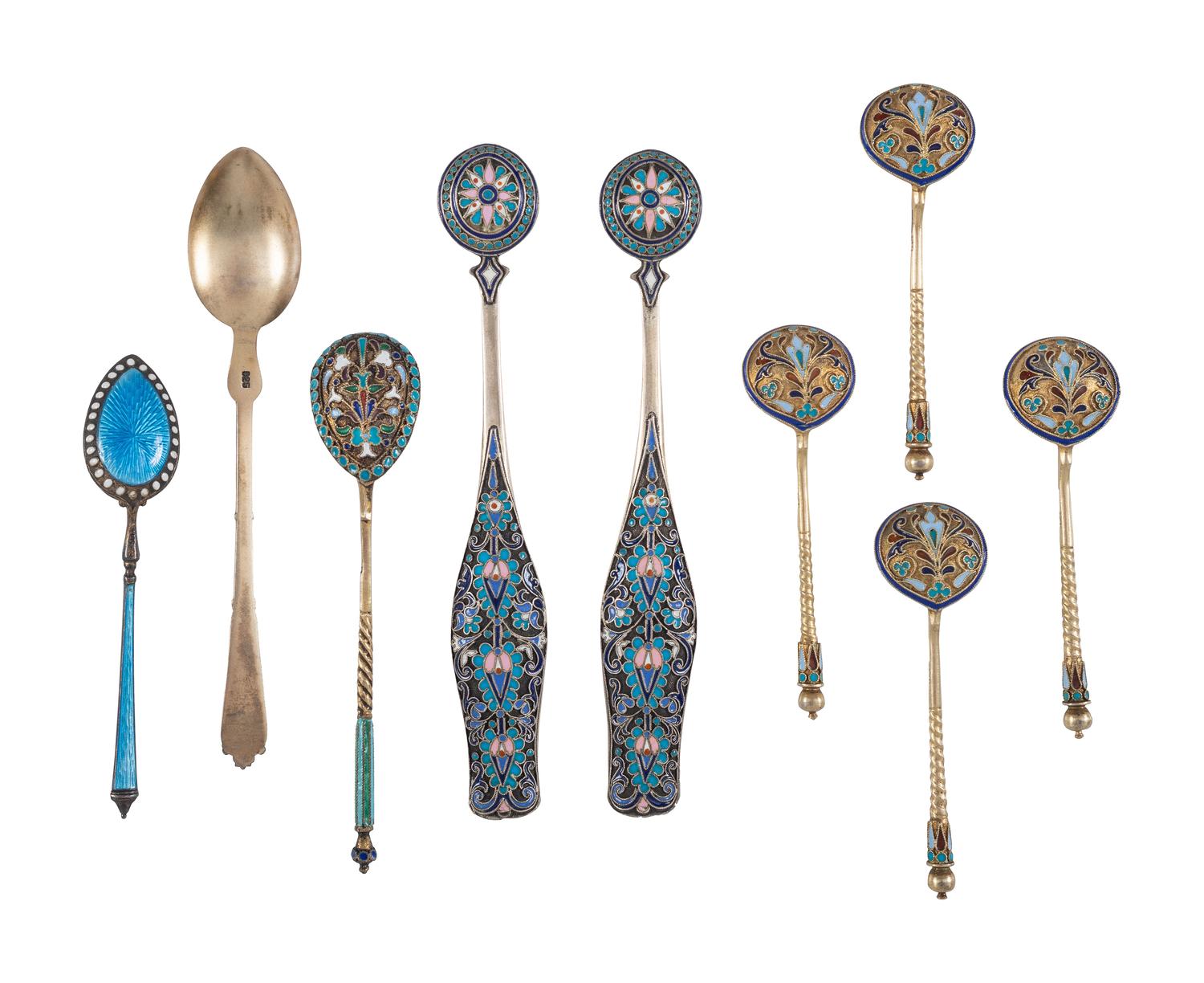 Sixteen Russian Silver and Enamel Spoons