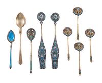 Sixteen Russian Silver and Enamel Spoons