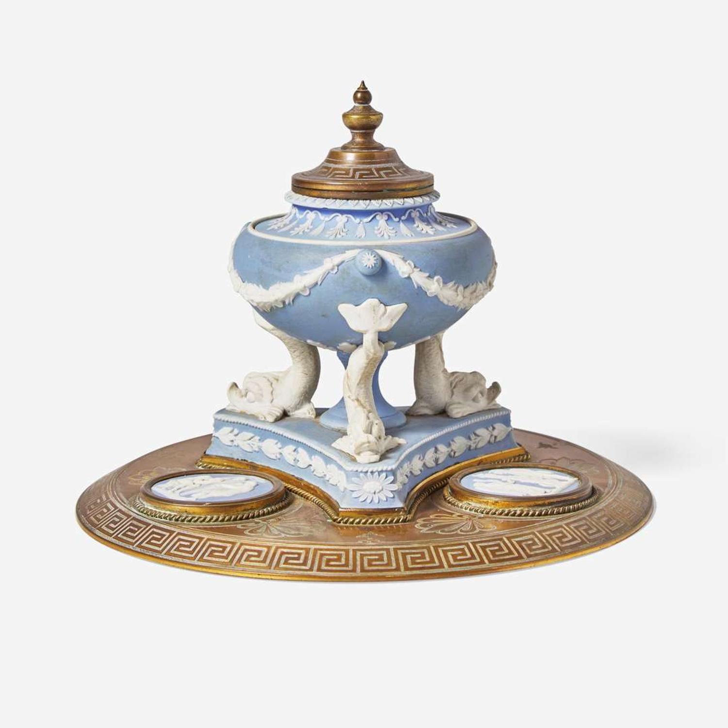 A Wedgwood Blue Dip Jasperware and Brass Victorian Inkstand UK, late 19th century