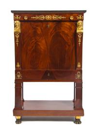A French Empire Gilt Bronze Mounted Mahogany Secretaire a Abattant, EARLY 19TH CENTURY WITH ALTERATION, Height 57 1/2 x width 36 1/4 x — EARLY 19TH CENTURY WITH ALTERATION