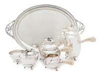 An American Silver Six-Piece Tea and Coffee Service, Woodside Sterling Co., New York, 1918 and Other, comprising a teapot, coffee pot,