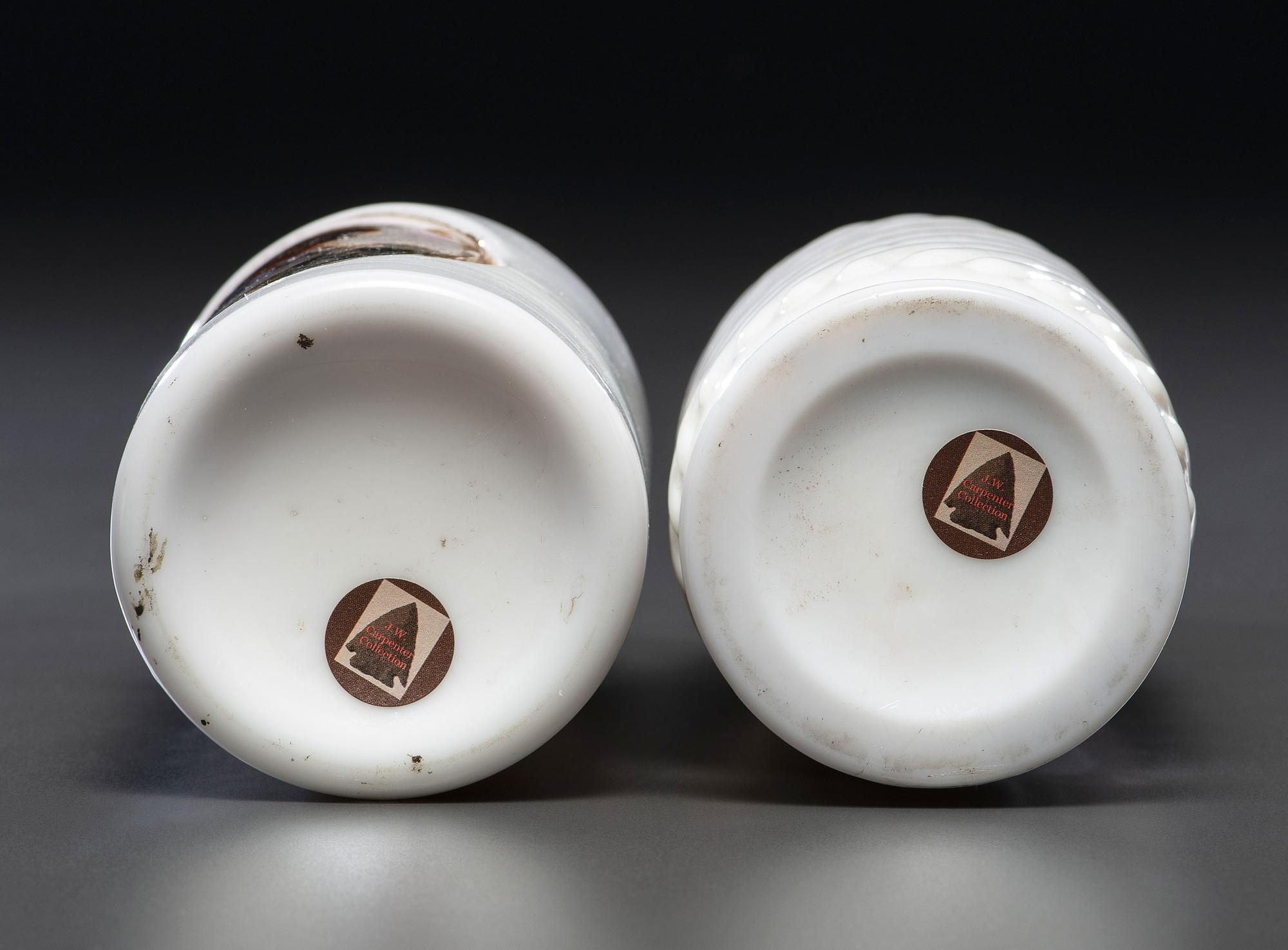 Two 'Label Under Glass' Personalized Milk Glass Barber Bottles