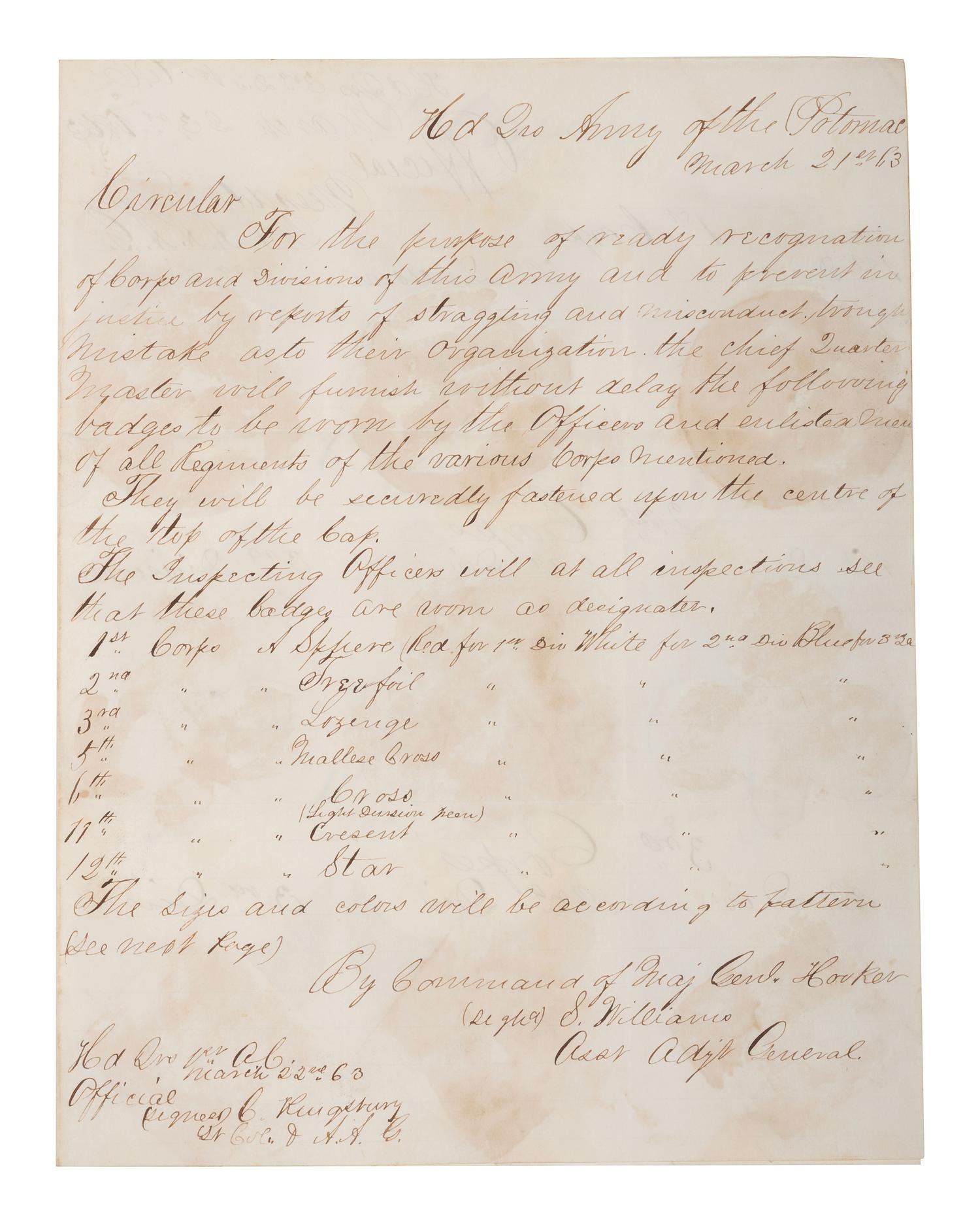 Manuscript circular in which Major General Joseph Hooker orders the use of corps badges in the Army of the Potomac. Headquarters, Army of the Potomac. 21 March 1863.