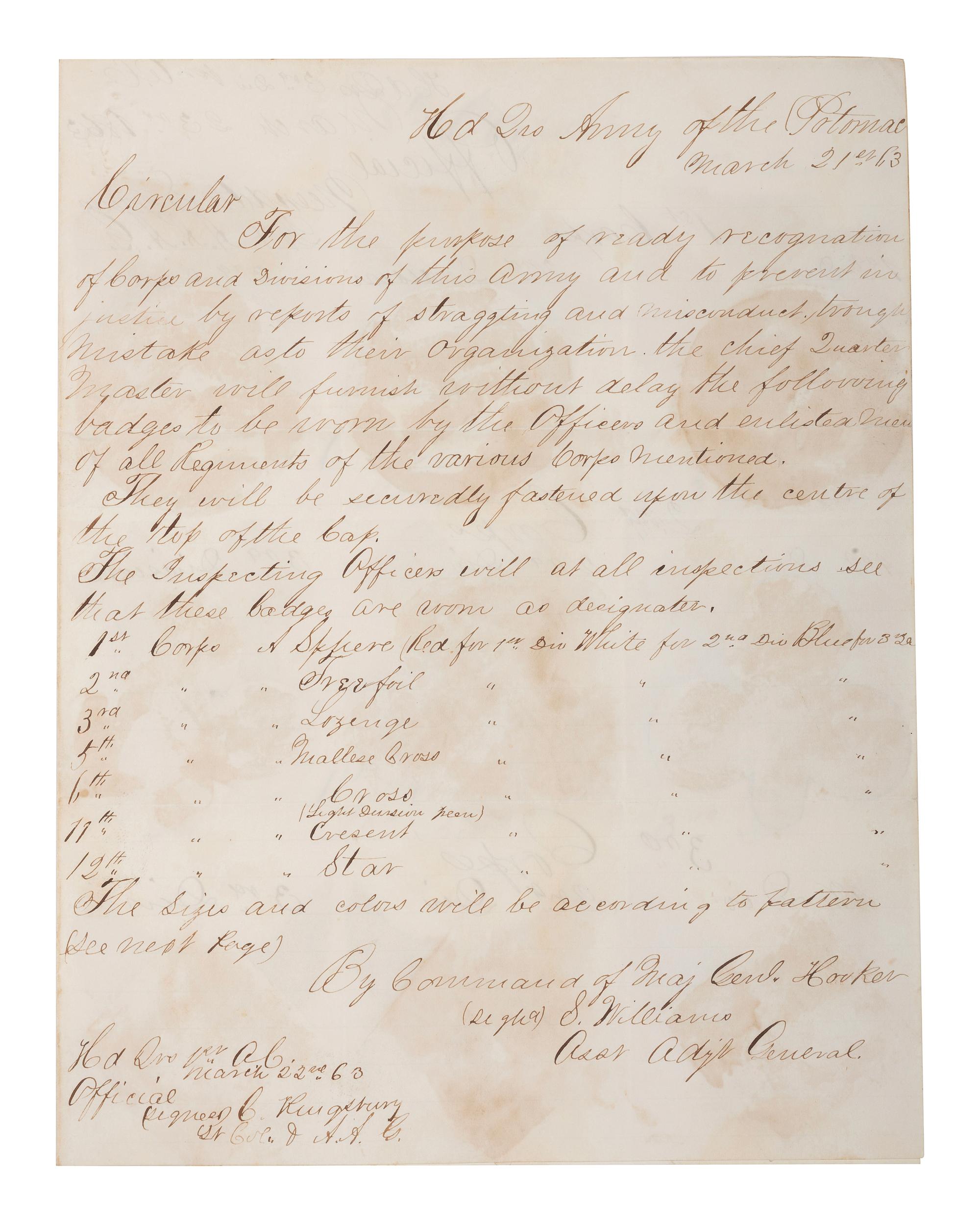 Manuscript circular in which Major General Joseph Hooker orders the use of corps badges in the Army of the Potomac. Headquarters, Army of the Potomac. 21 March 1863.