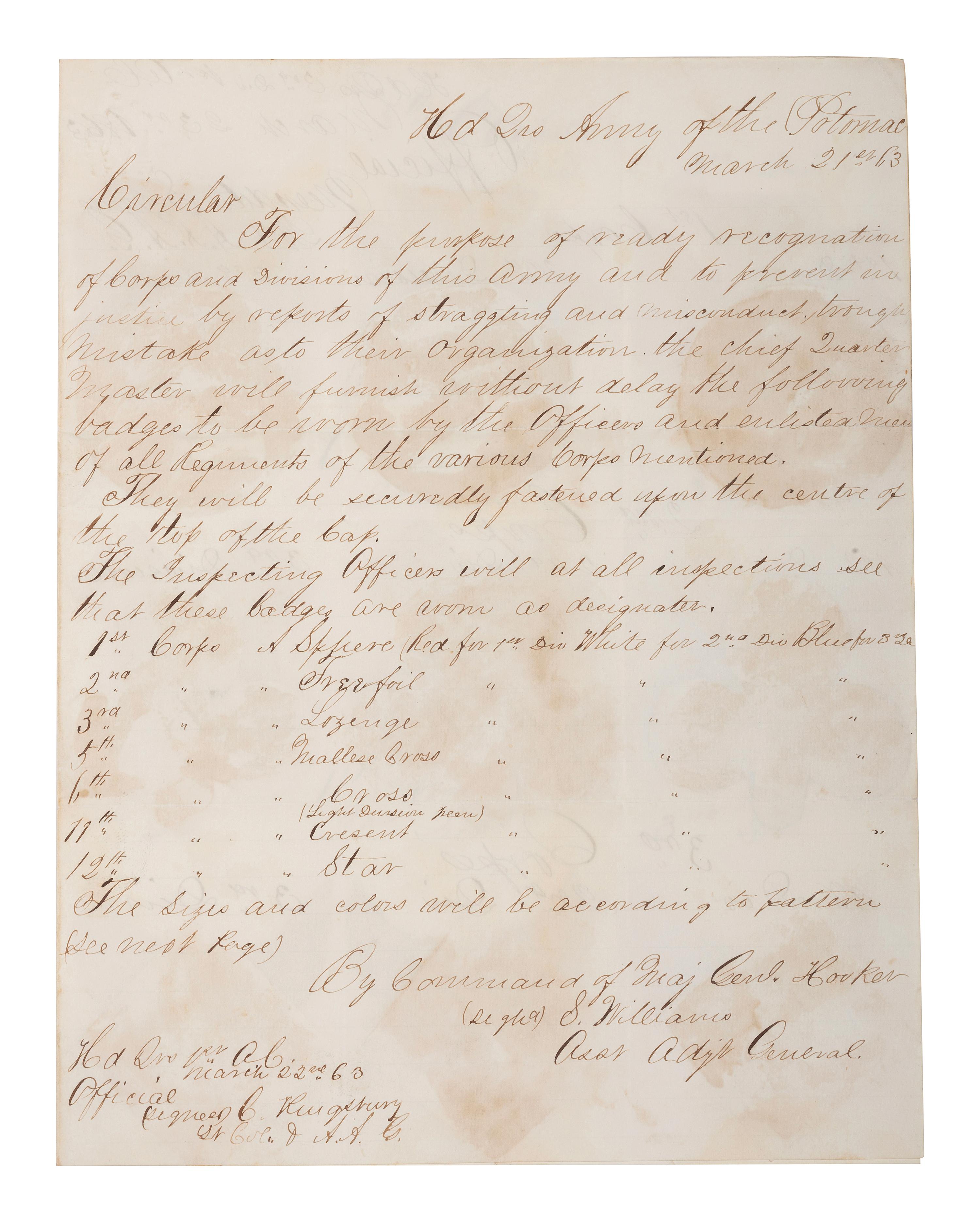 Manuscript circular in which Major General Joseph Hooker orders the use of corps badges in the Army of the Potomac. Headquarters, Army of the Potomac. 21 March 1863.