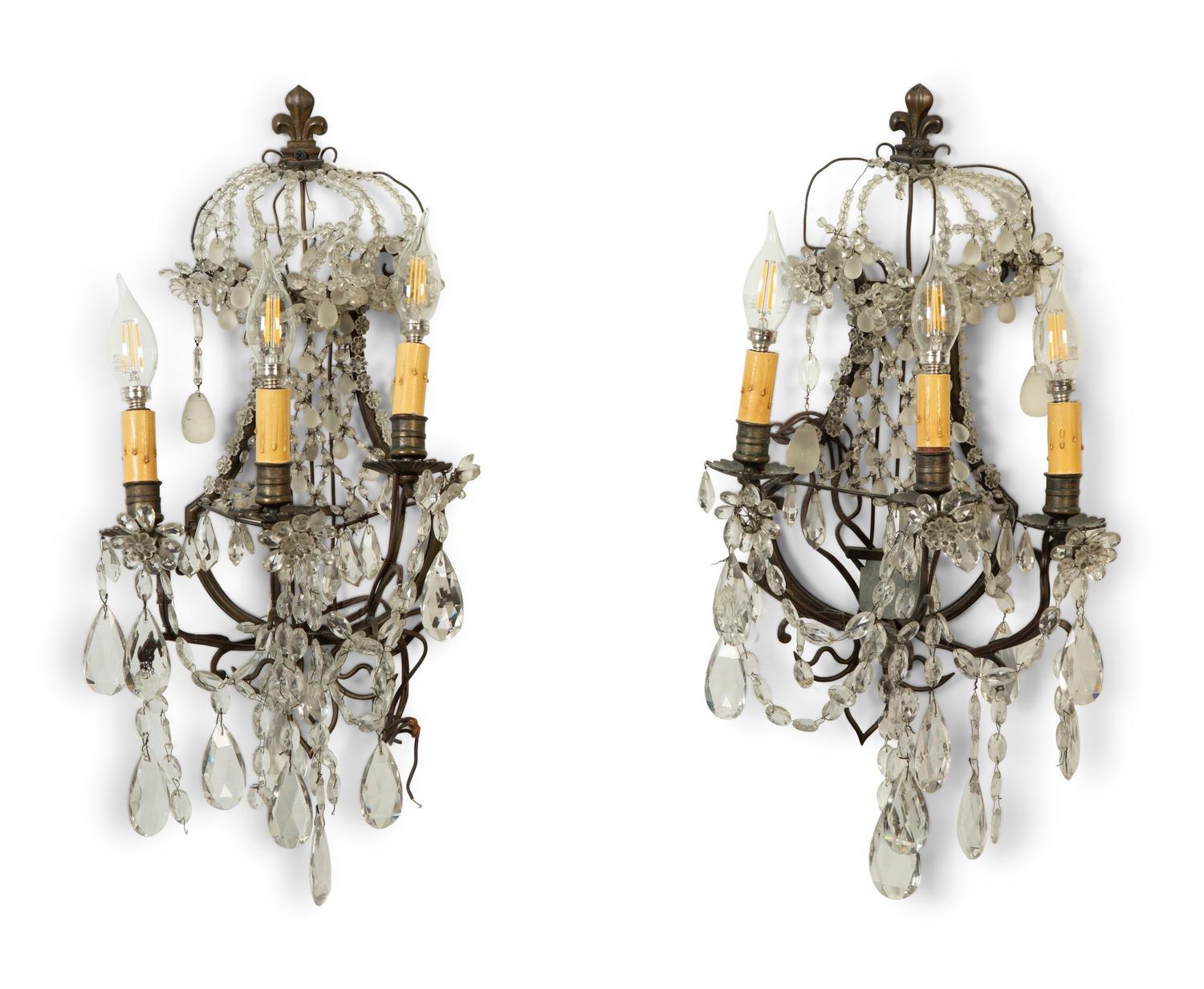 A Pair of French Glass-Beaded Metal Three-Light Sconces