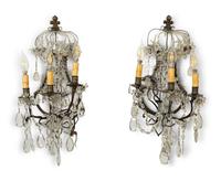 A Pair of French Glass-Beaded Metal Three-Light Sconces
