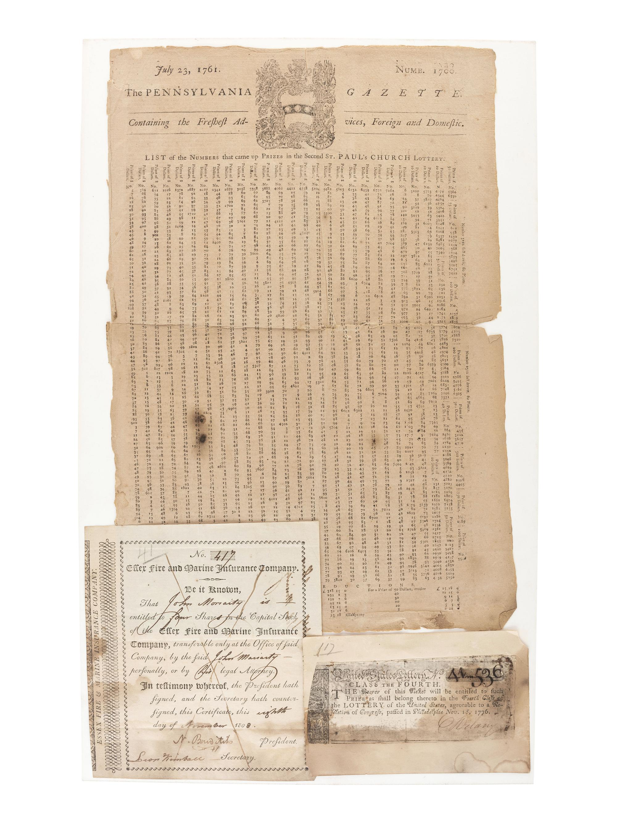 [CRIME & PUNISHMENT]. Publications banning entertaining diversions, including a broadside issued by Cosimo III de' Medici and a pamphlet issued by William III of England. [ With :] Pennsylvania Gazette St. Paul's Lottery numbers, 1761 and 1776 United States Lottery printed by John Dunlap.