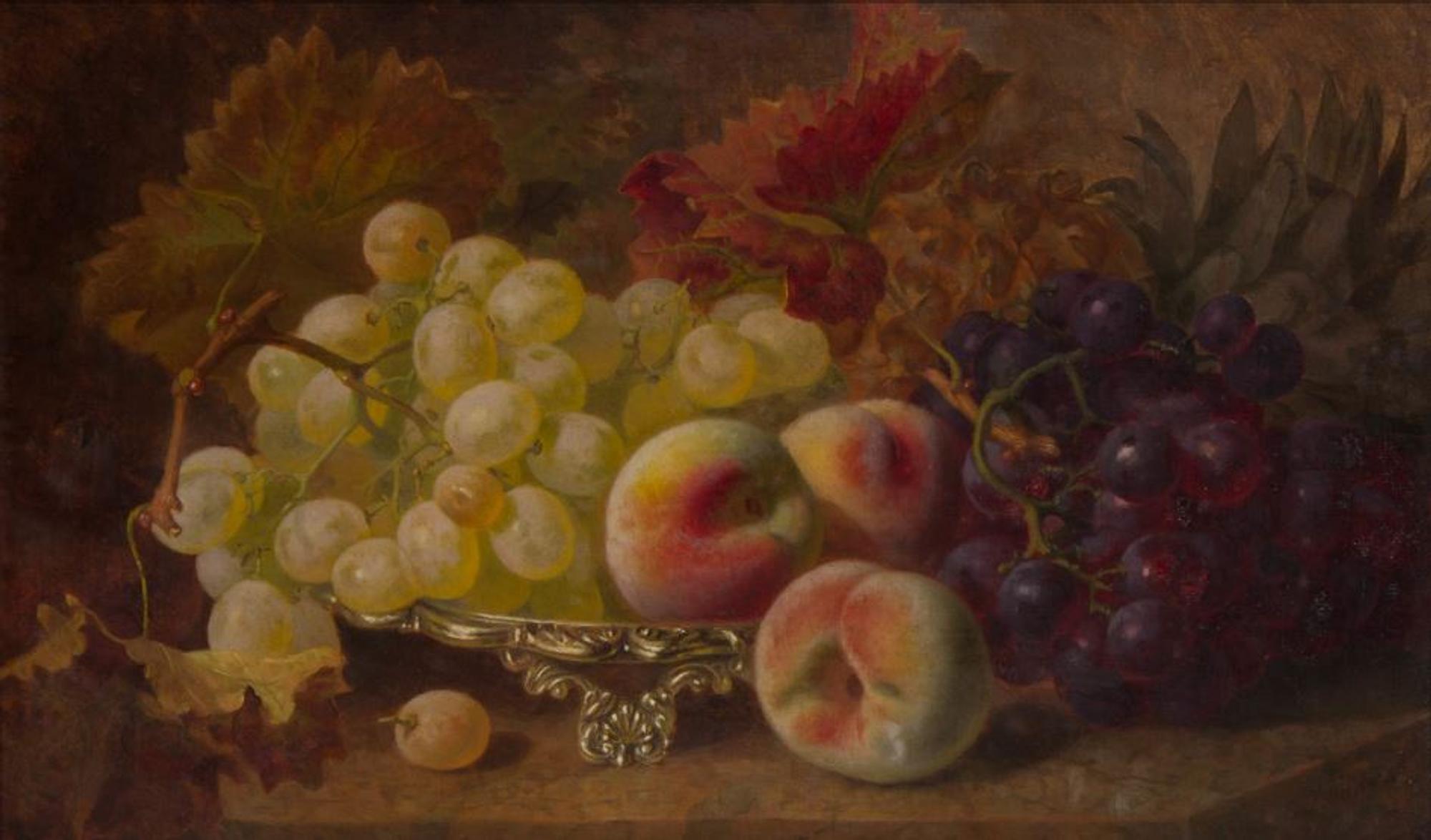 Autumn Leaves, Grapes and Peaches on Silver Salver