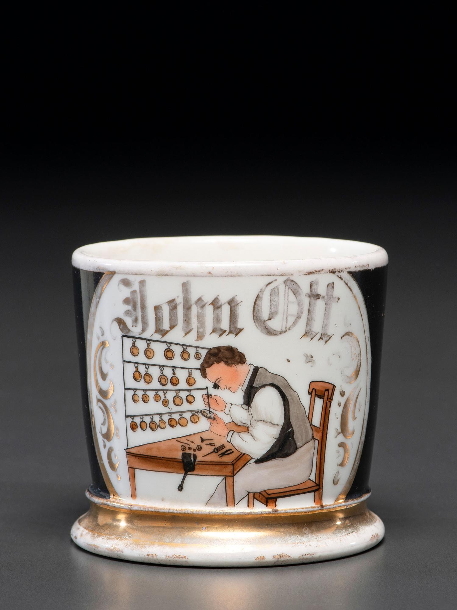 A Horologist's Porcelain Occupational Shaving Mug