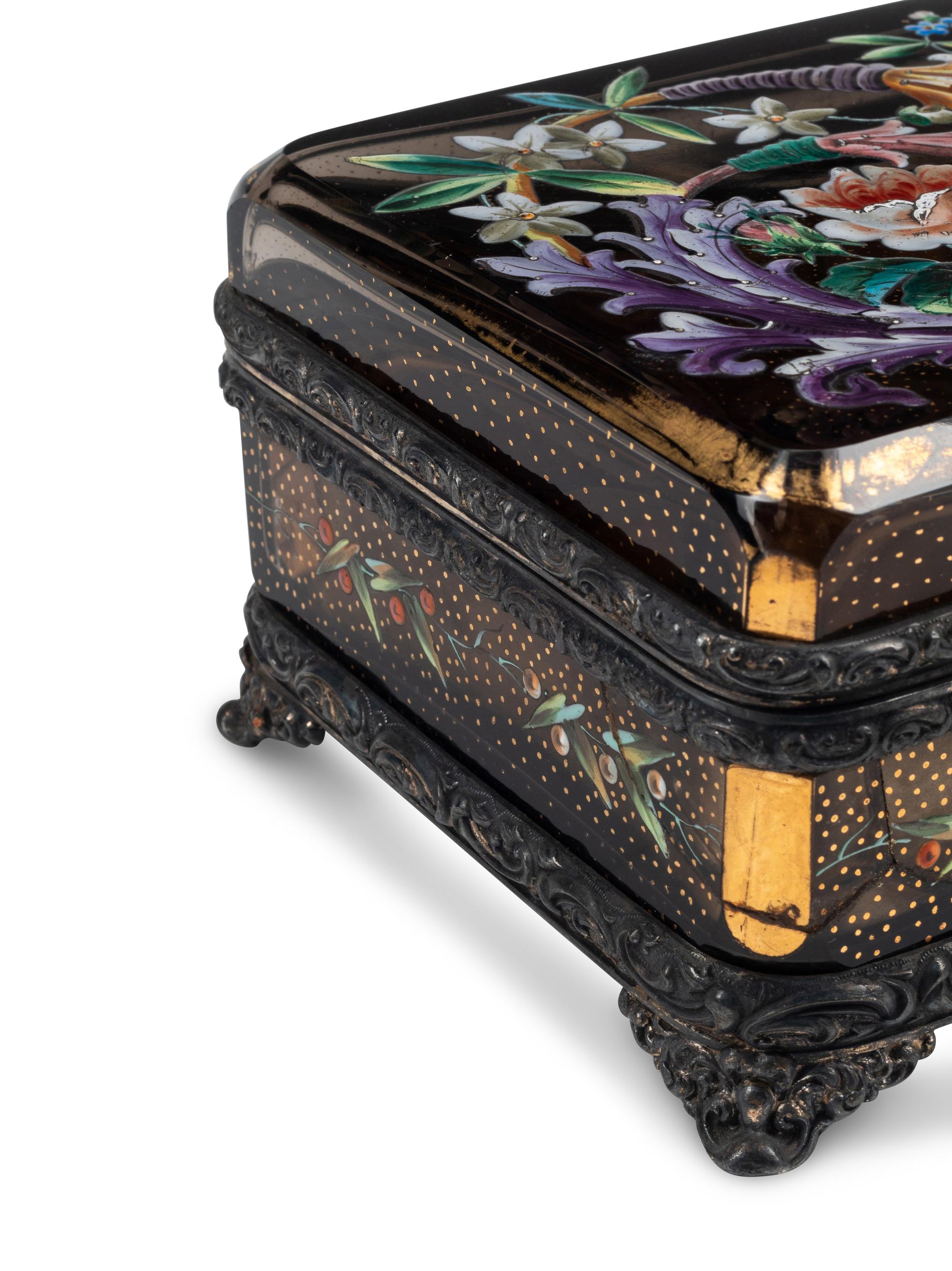 A Bohemian Enamel Decorated Amber Glass Table Casket