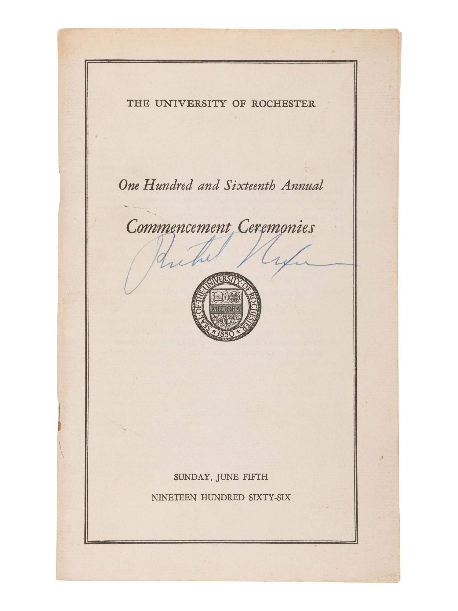 NIXON, Richard M. (1913-1994). Commencement program signed ("Richard Nixon"), [5 June 1966?].