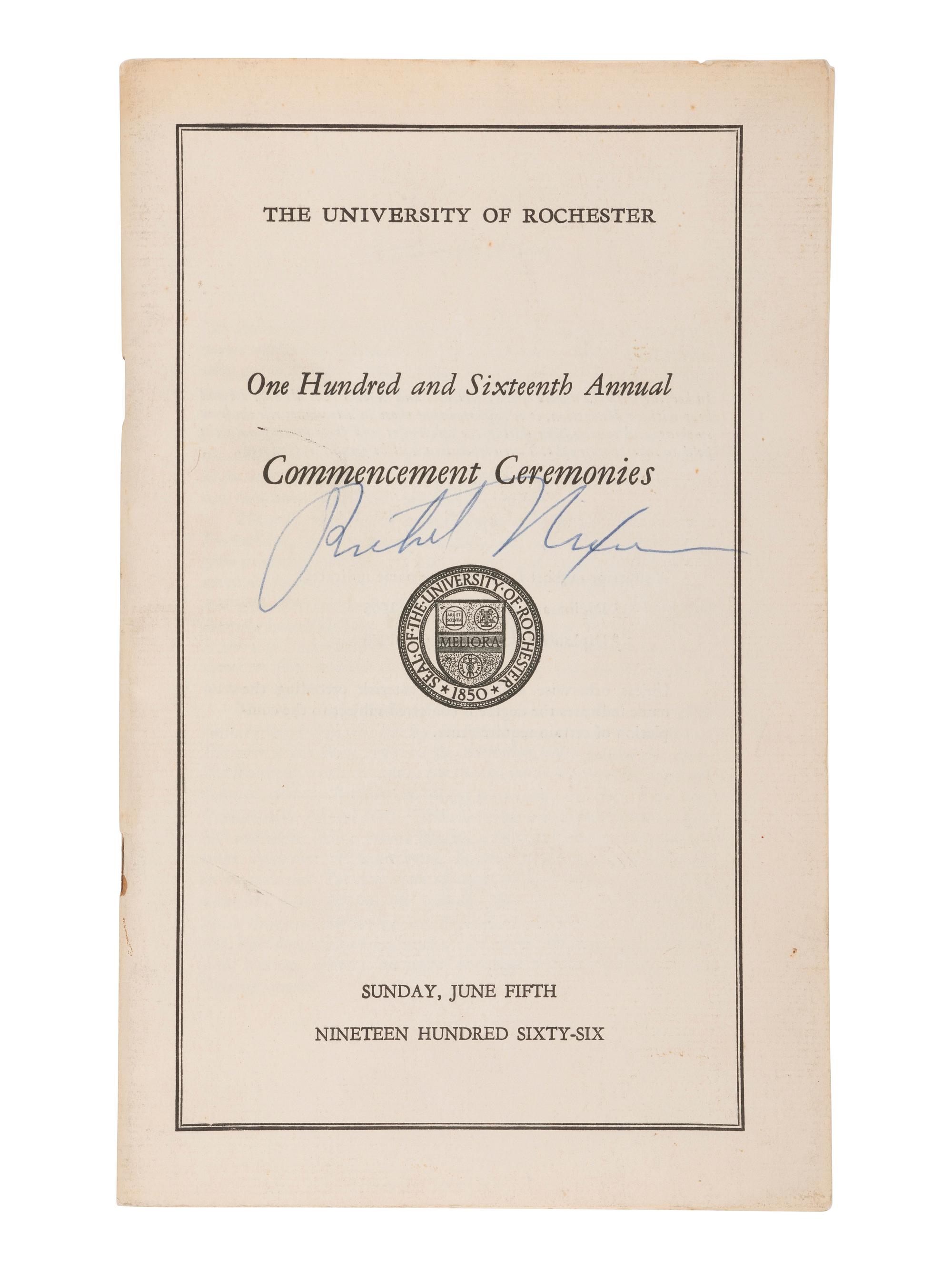 NIXON, Richard M. (1913-1994). Commencement program signed ("Richard Nixon"), [5 June 1966?].