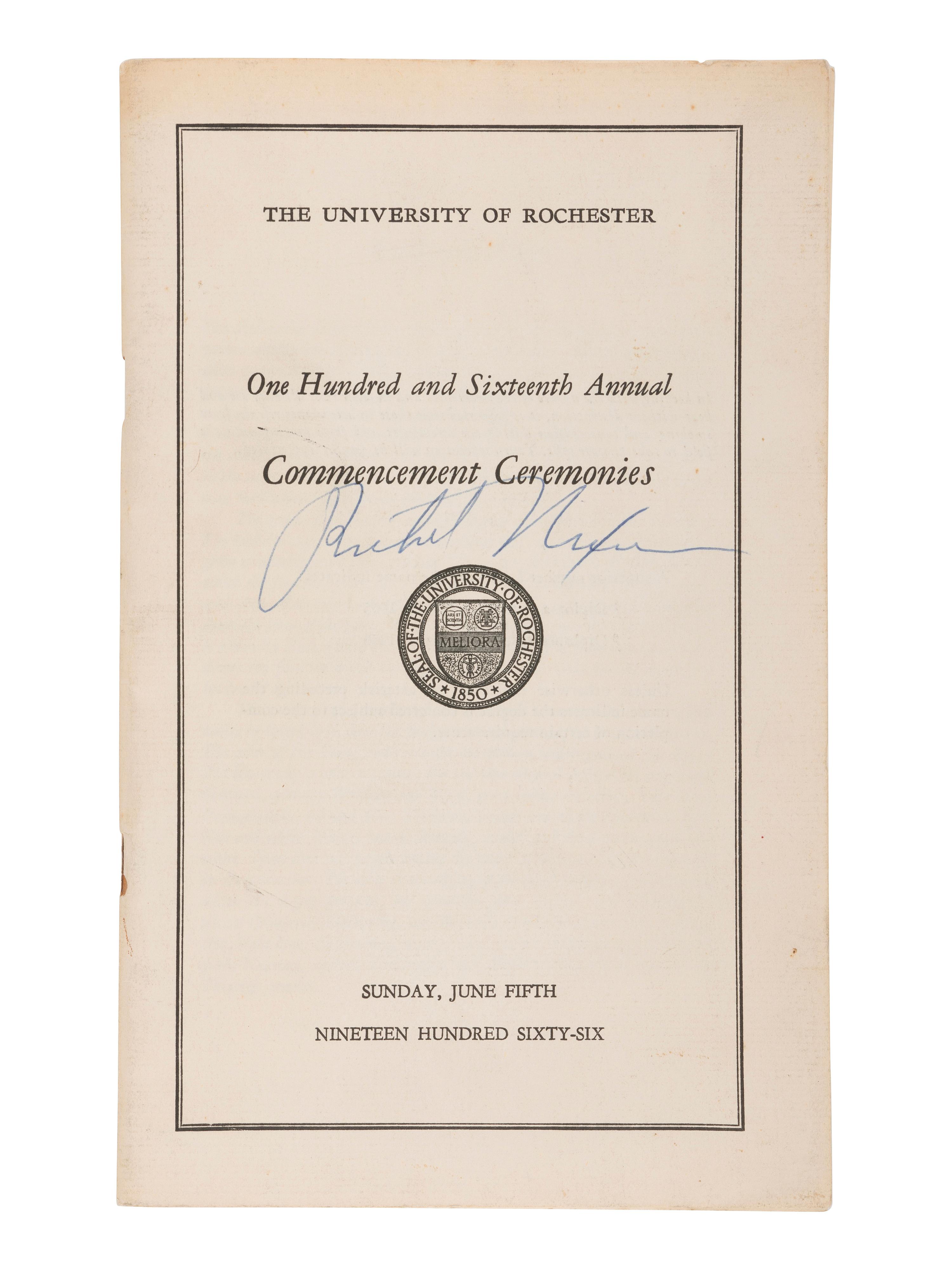 NIXON, Richard M. (1913-1994). Commencement program signed ("Richard Nixon"), [5 June 1966?].