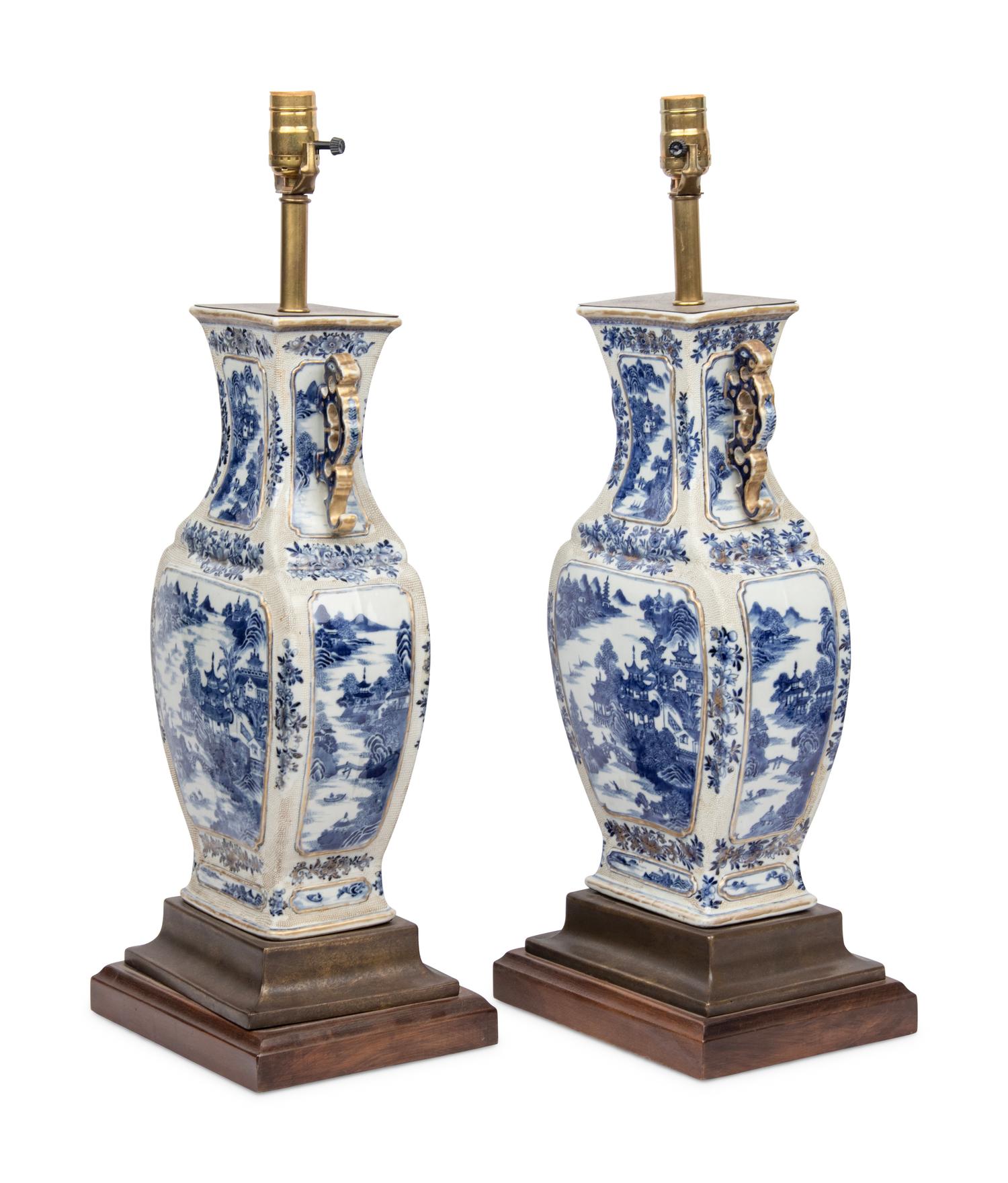 A Pair of Chinese Export Porcelain Vases Mounted as Lamps