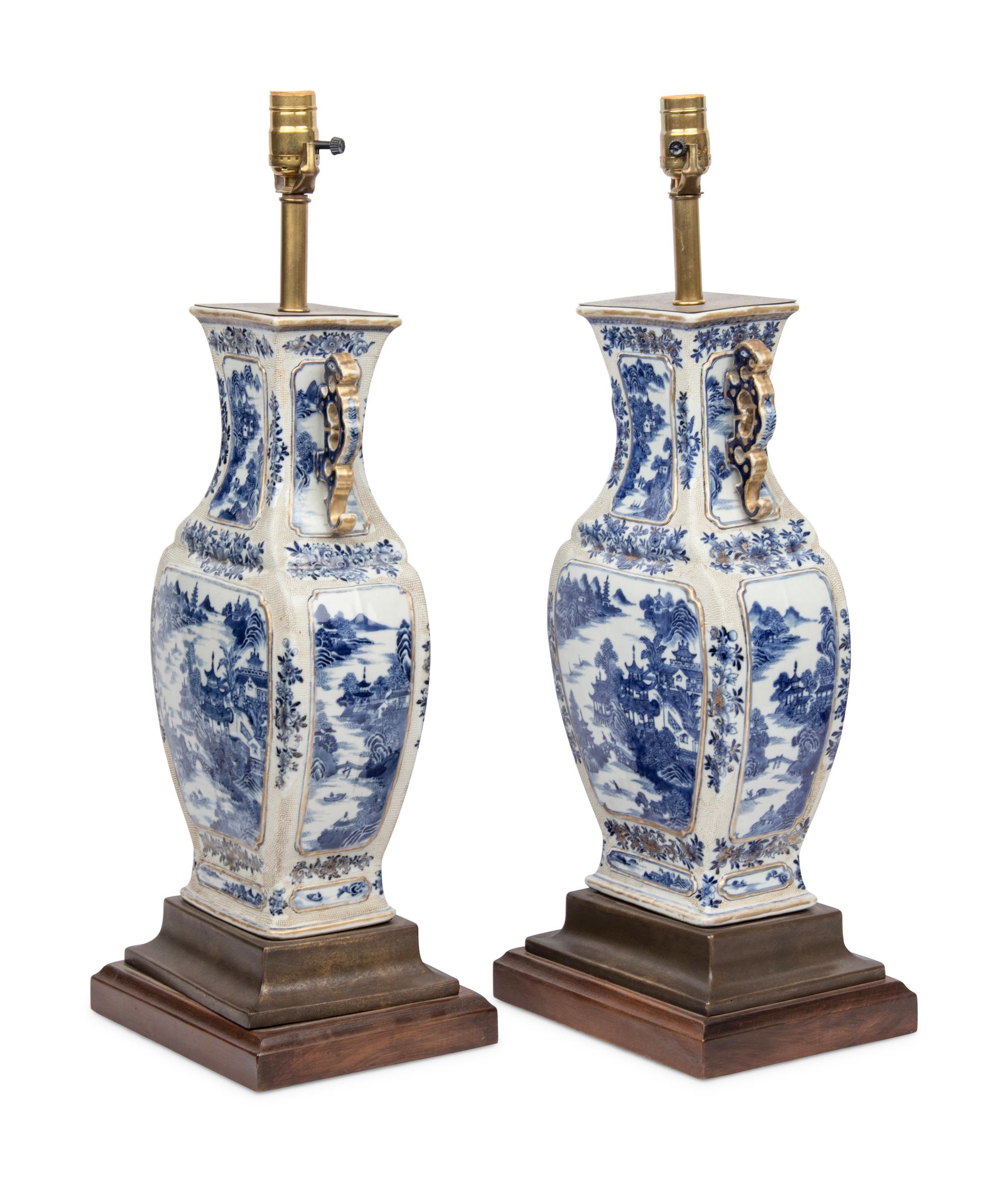 A Pair of Chinese Export Porcelain Vases Mounted as Lamps