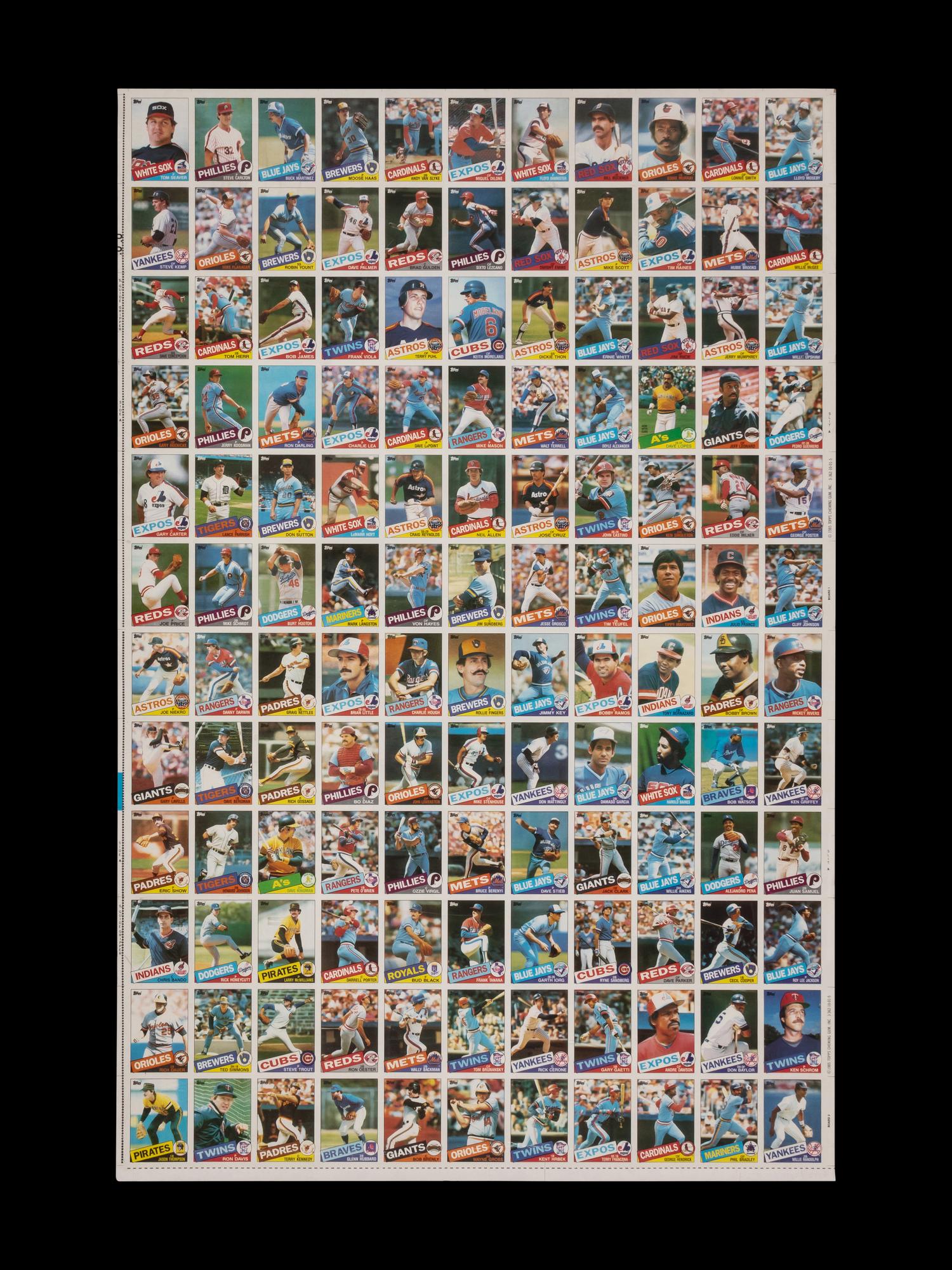 A Complete Set of 1985 Topps Baseball Cards in Six Uncut Sheets Featuring Mark McGwire, Roger Clemens and Kirby Puckett Rookie Cards