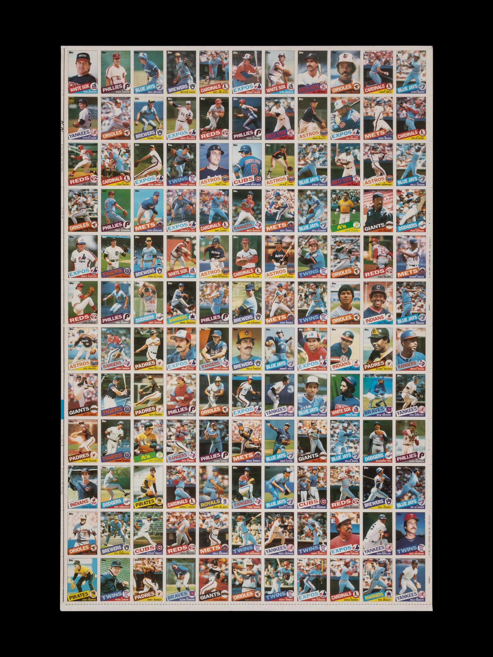 A Complete Set of 1985 Topps Baseball Cards in Six Uncut Sheets Featuring Mark McGwire, Roger Clemens and Kirby Puckett Rookie Cards