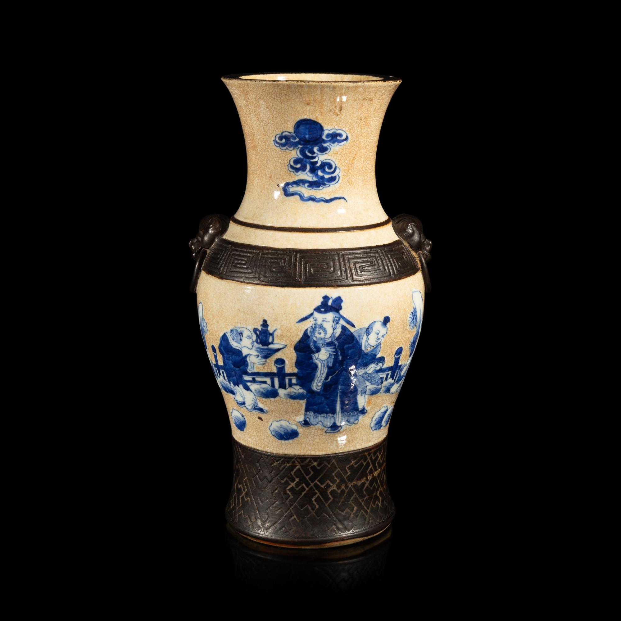 A Chinese Iron Decorated Crackled Glazed Ground Blue and White on Porcelain Vase, Late 19th-Early 20th Century — 晚清-民國 青花仿古雙耳瓶
