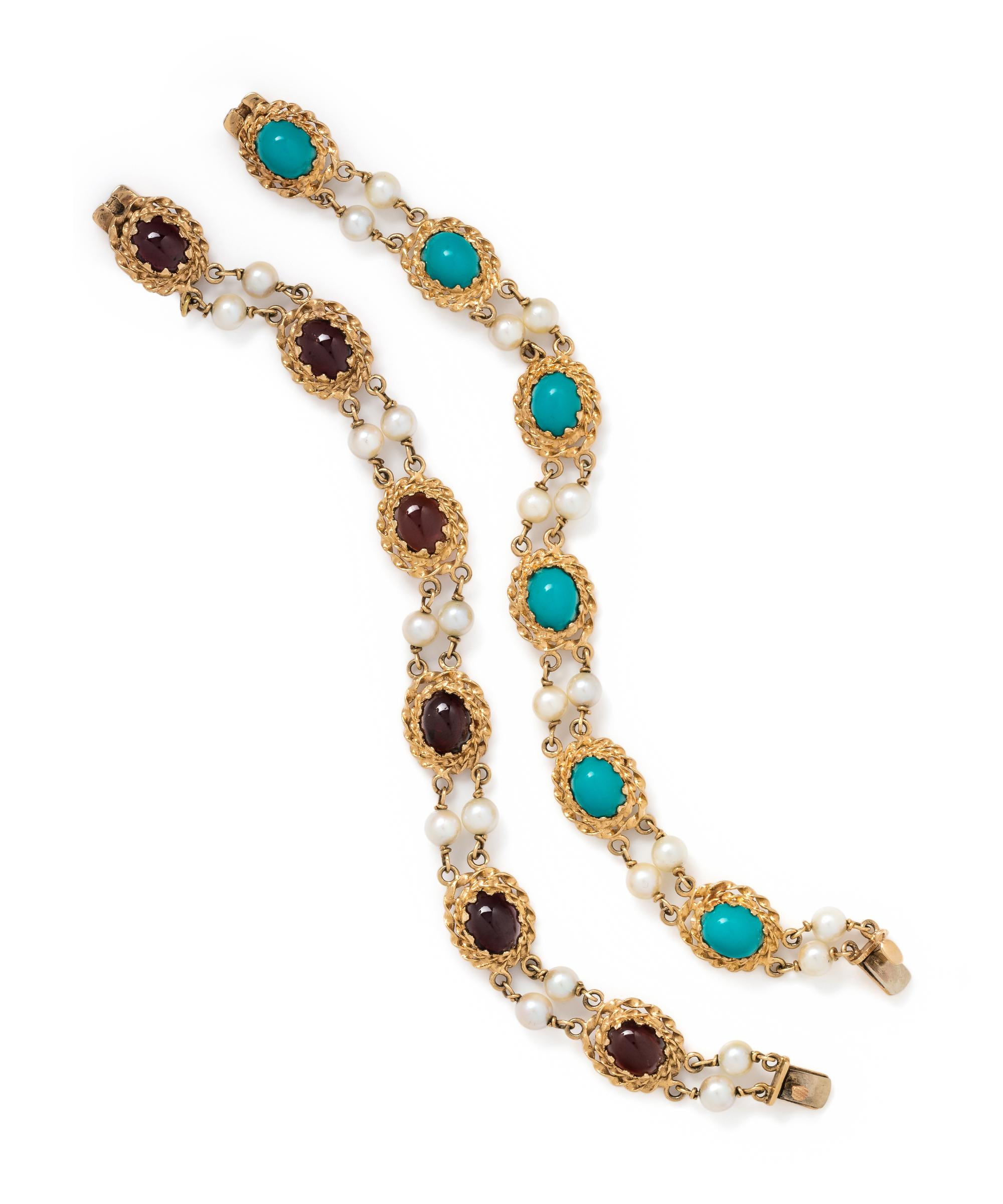 COLLECTION OF YELLOW GOLD, GEMSTONE AND CULTURED PEARL BRACELETS
