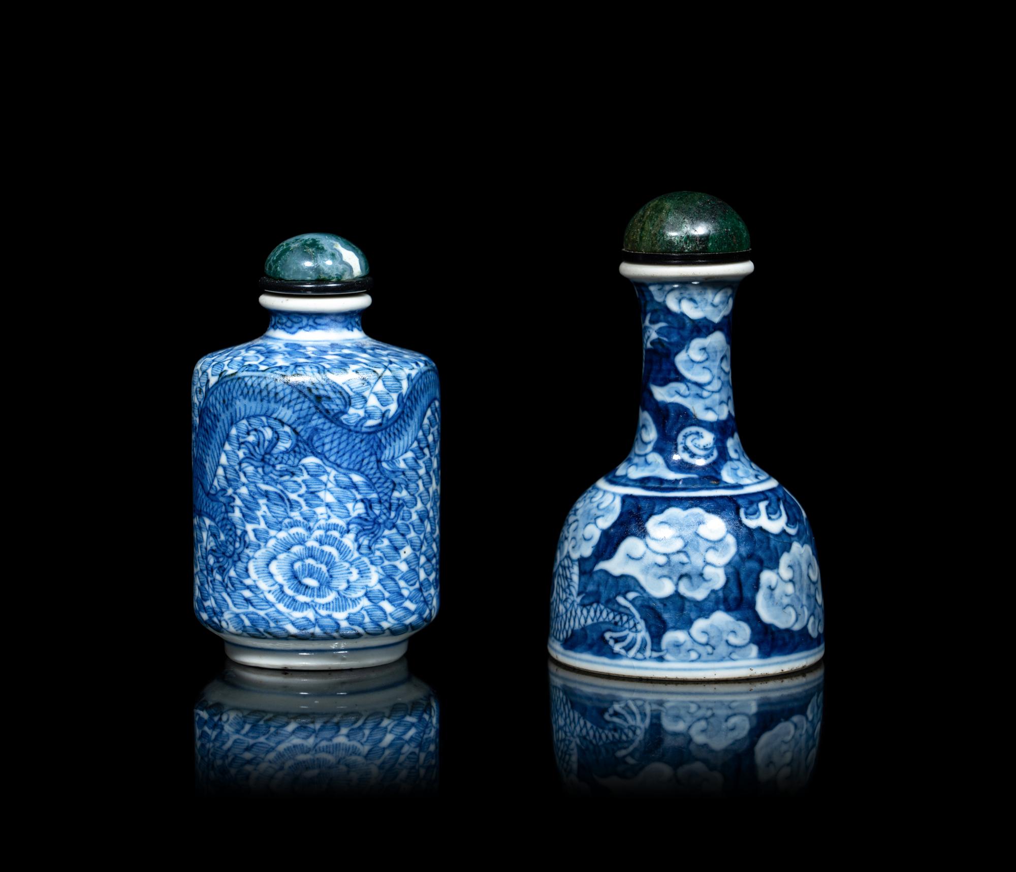 Two Chinese Blue and White Porcelain 'Dragon' Snuff Bottles
