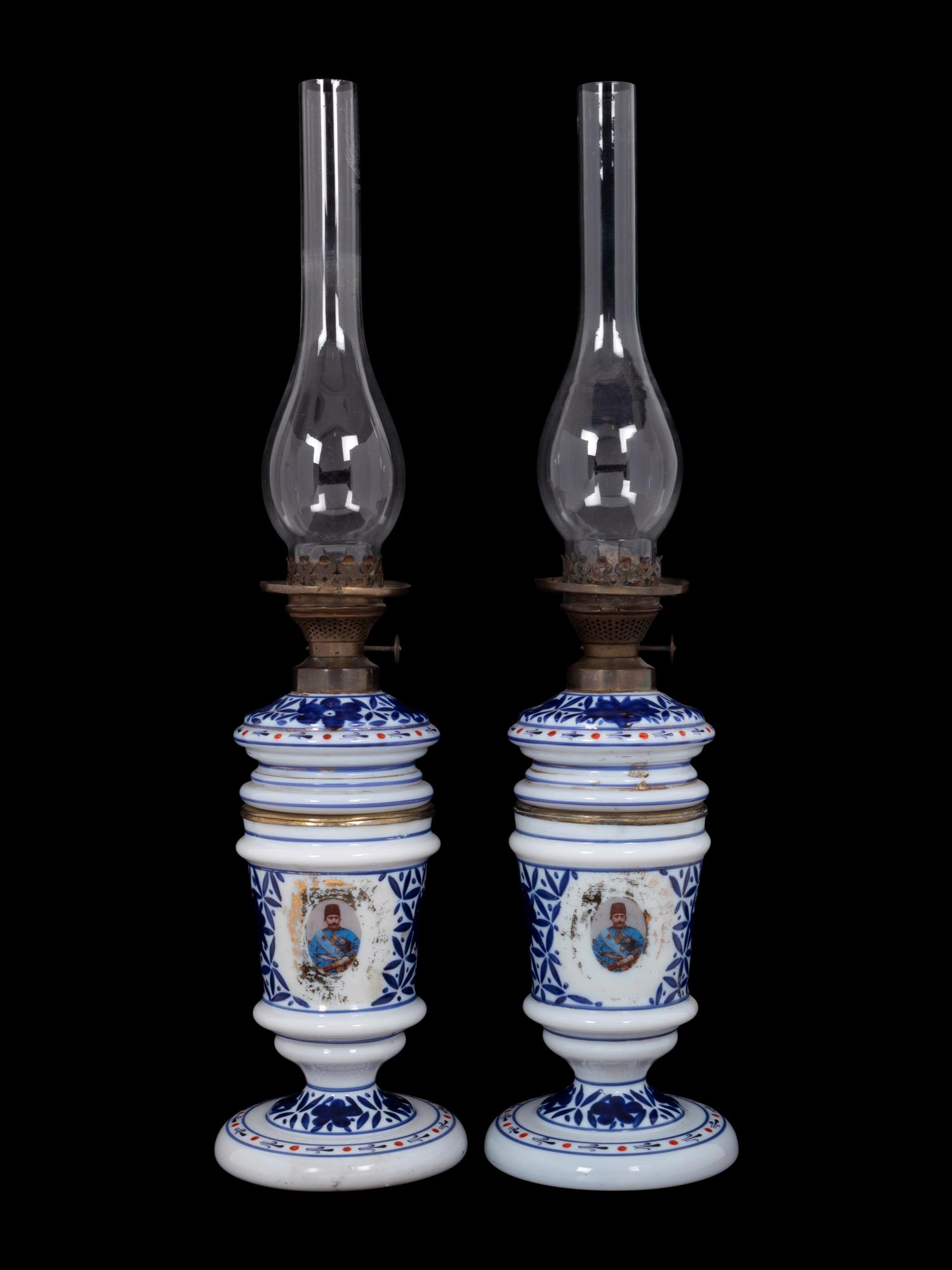 A Pair of Persian Market Opaline Glass Oil Lamps