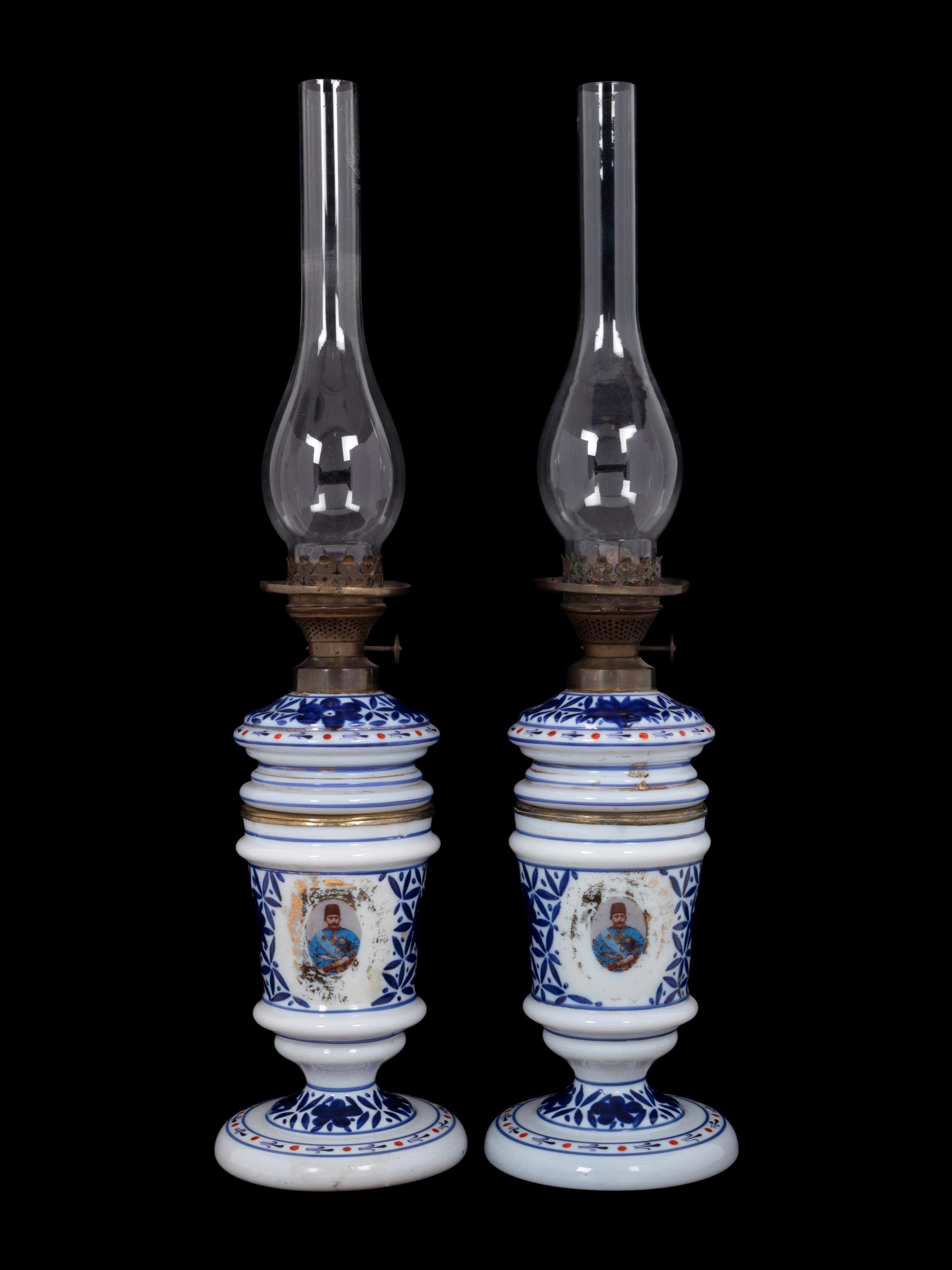 A Pair of Persian Market Opaline Glass Oil Lamps
