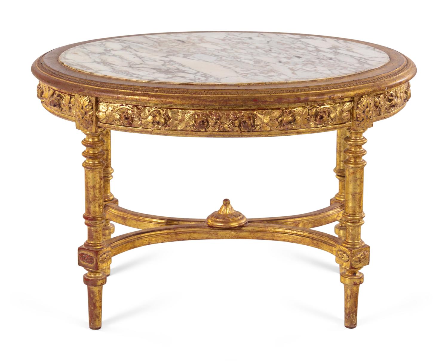 A Louis XVI Style Carved Giltwood Marble-Top Low Table