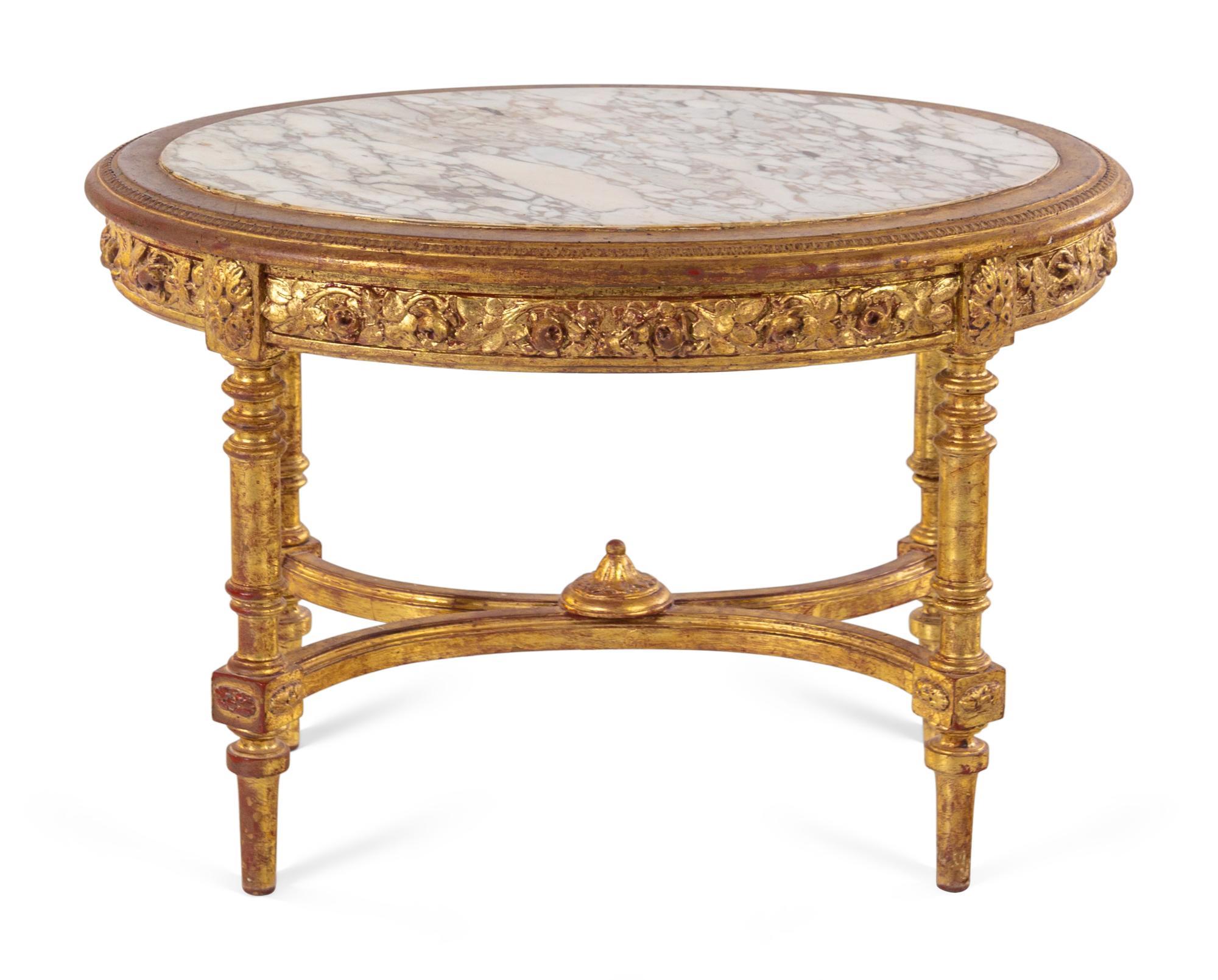 A Louis XVI Style Carved Giltwood Marble-Top Low Table