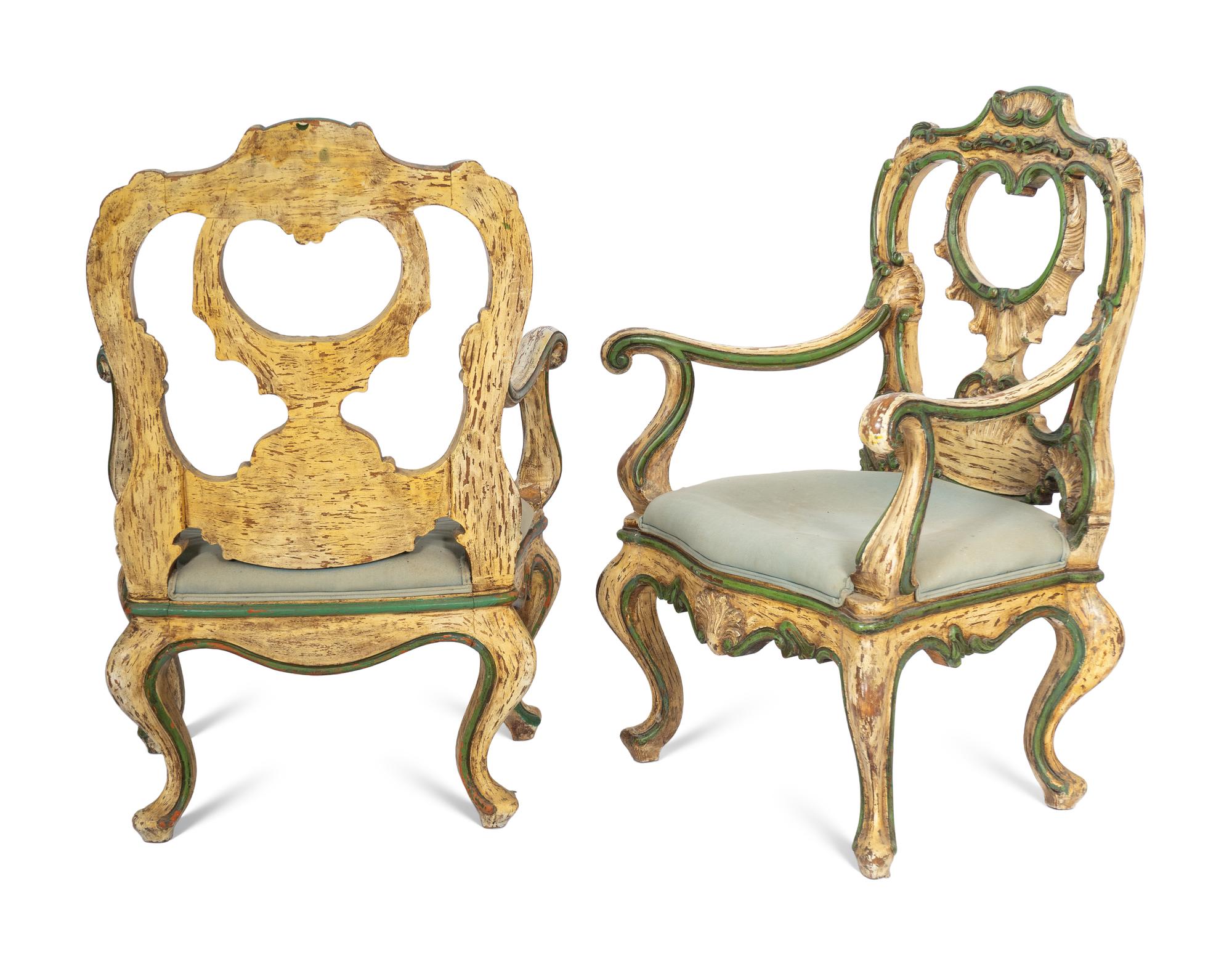 A Pair of Venetian Grotto Style Paint Decorated Armchairs