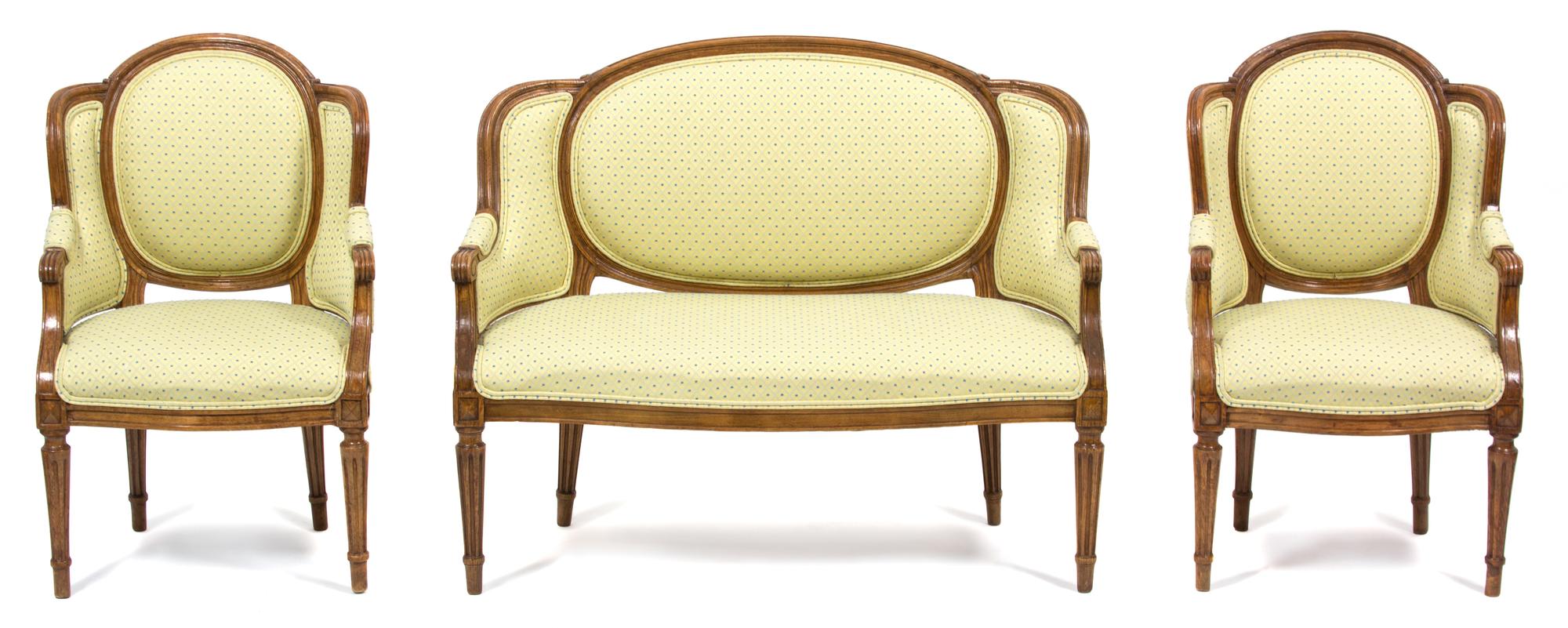 A Louis XVI Style Diminutive Carved Walnut Seating Group Height of chairs 27 inches. — 20TH CENTURY