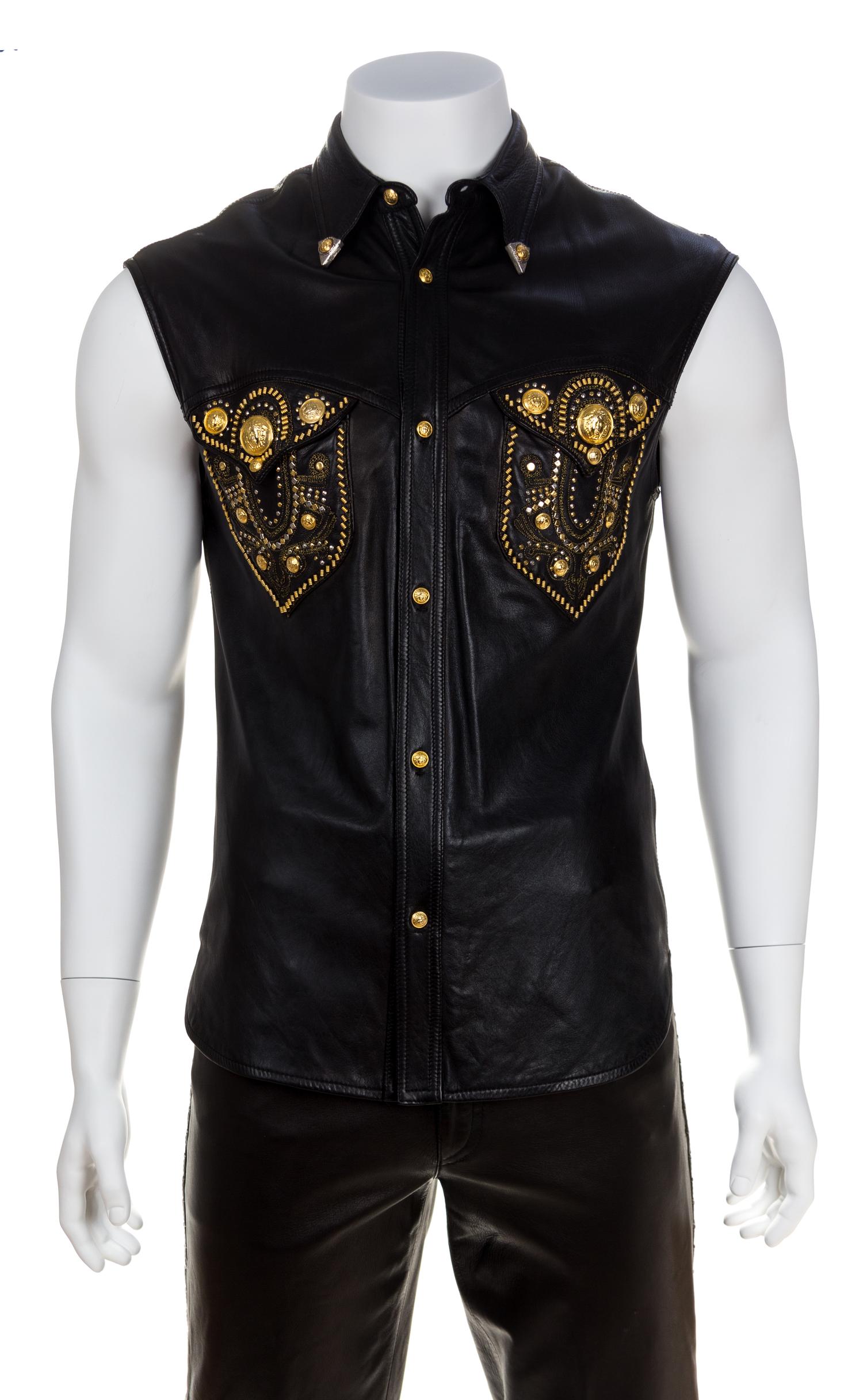 A Gianni Versace Black Leather Men's Vest, No size.
