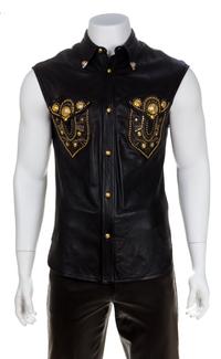A Gianni Versace Black Leather Men's Vest, No size.