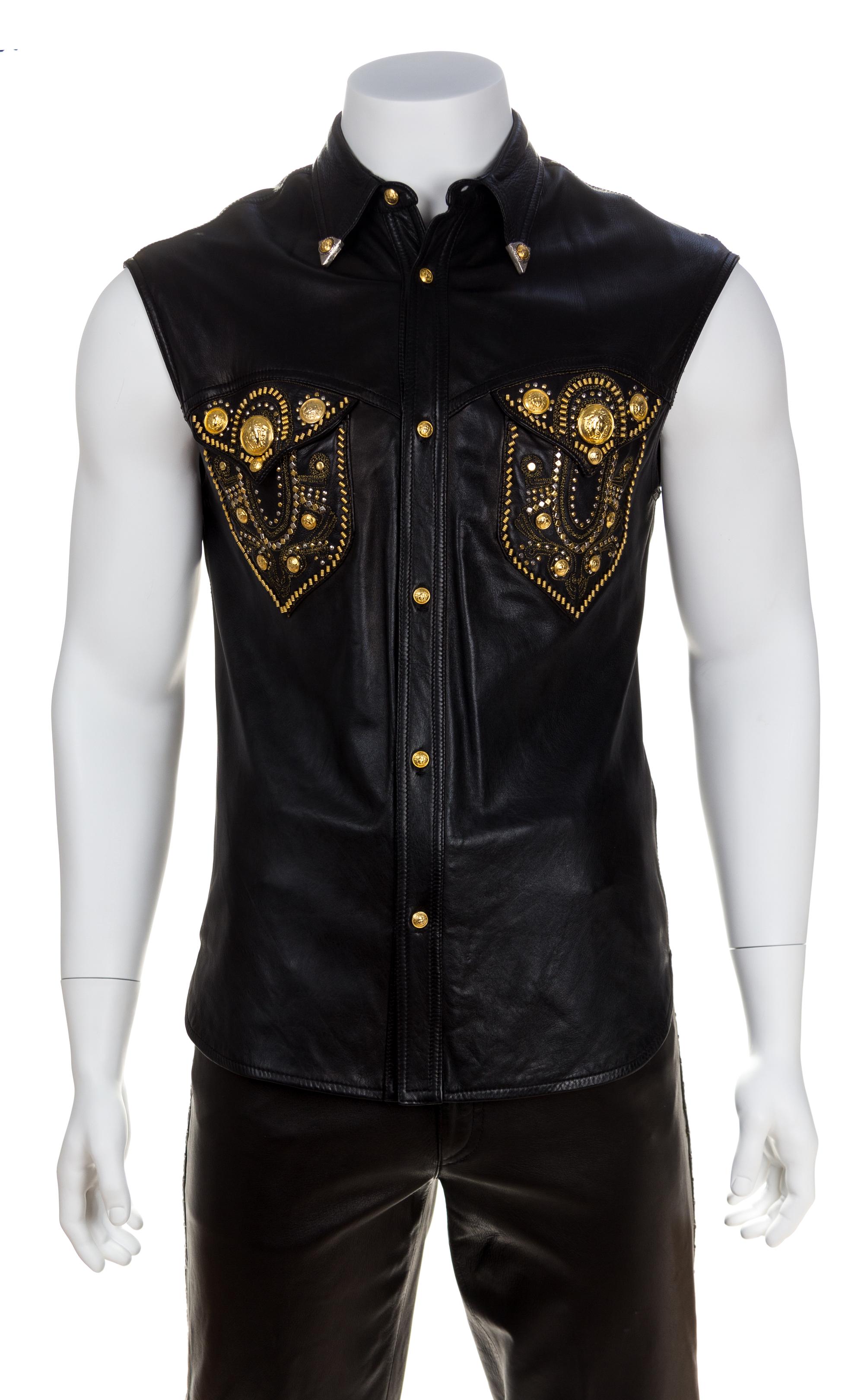 A Gianni Versace Black Leather Men's Vest, No size.