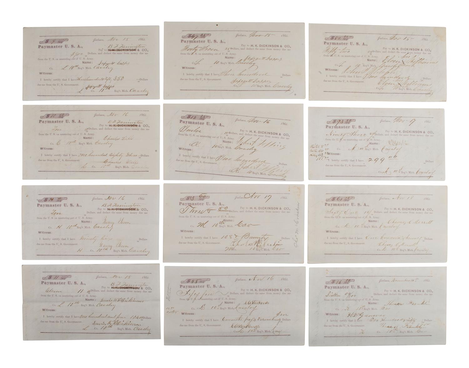 [CIVIL WAR]. Military sutler script from Michigan, Ohio, New Hampshire, and Indiana regiments.