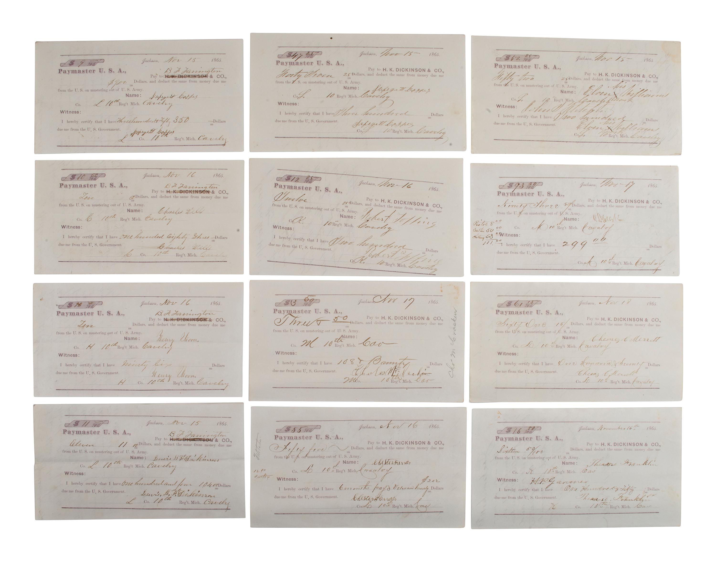 [CIVIL WAR]. Military sutler script from Michigan, Ohio, New Hampshire, and Indiana regiments.
