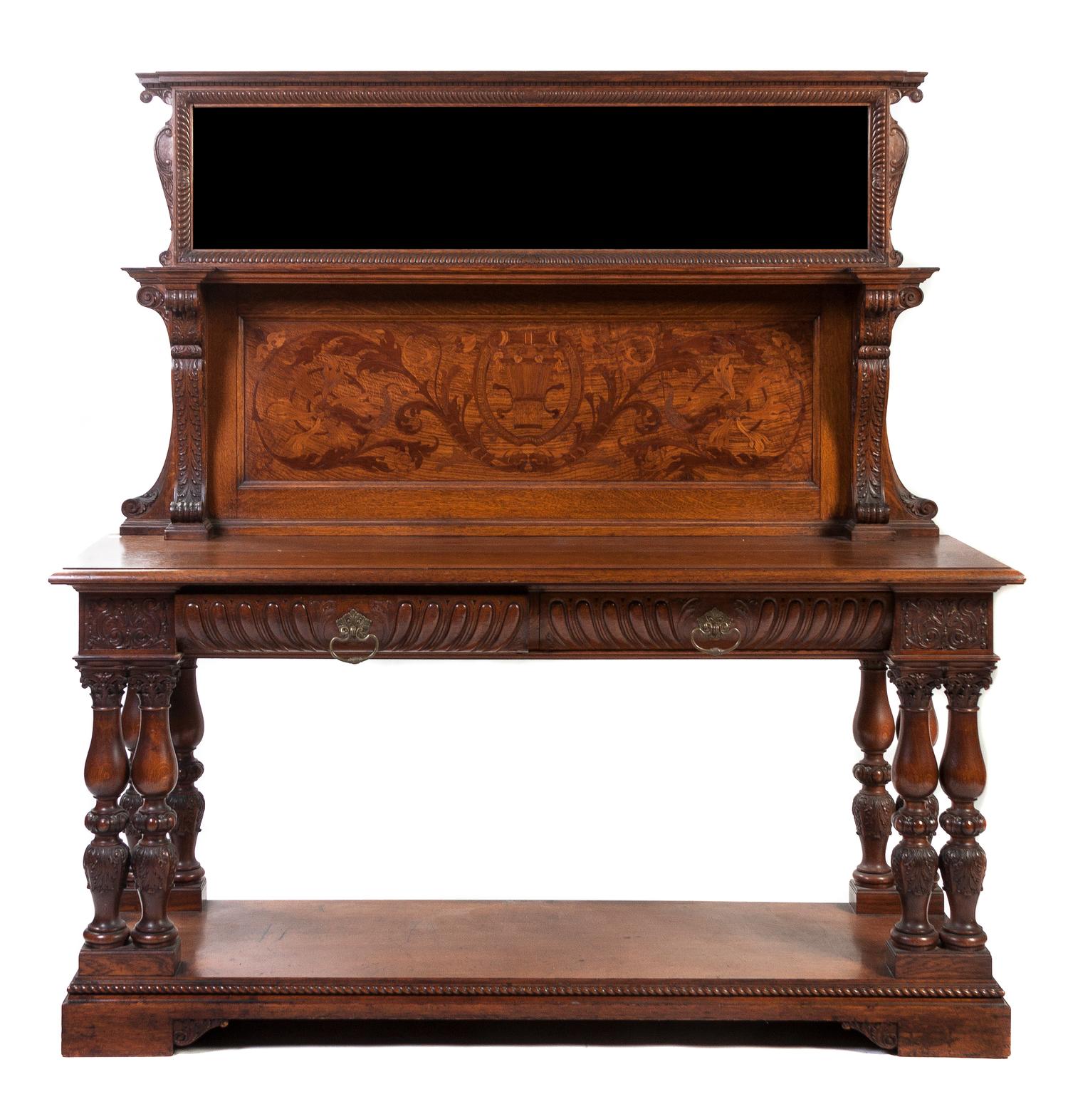 A Continental Marquetry Decorated Oak Server, Height 70 1/2 x width 68 x depth 21 inches.