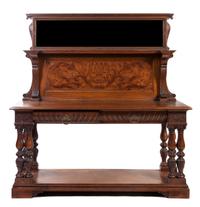 A Continental Marquetry Decorated Oak Server, Height 70 1/2 x width 68 x depth 21 inches.