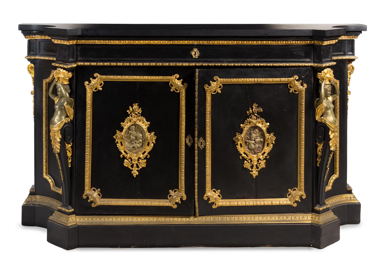 A Napoleon III Style Gilt Bronze Mounted Ebonized Meuble d'Appui Height 41 1/4 x width 72 x depth 19 1/2 inches. — 19TH CENTURY WITH LATER ELEMENTS