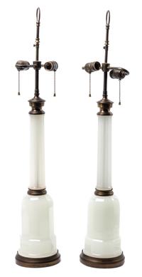 A Pair of Opaline Glass Oil Lamps Height 22 1/4 inches.