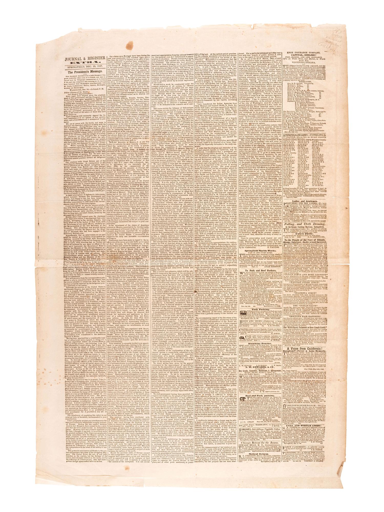 [TAYLOR, Zachary (1784-1850)] -- [CALIFORNIA GOLD RUSH]. Journal & Register Extra . Springfield, IL, 25 December 1849. Broadside featuring President Zachary Taylor's message to the country incl. California content.