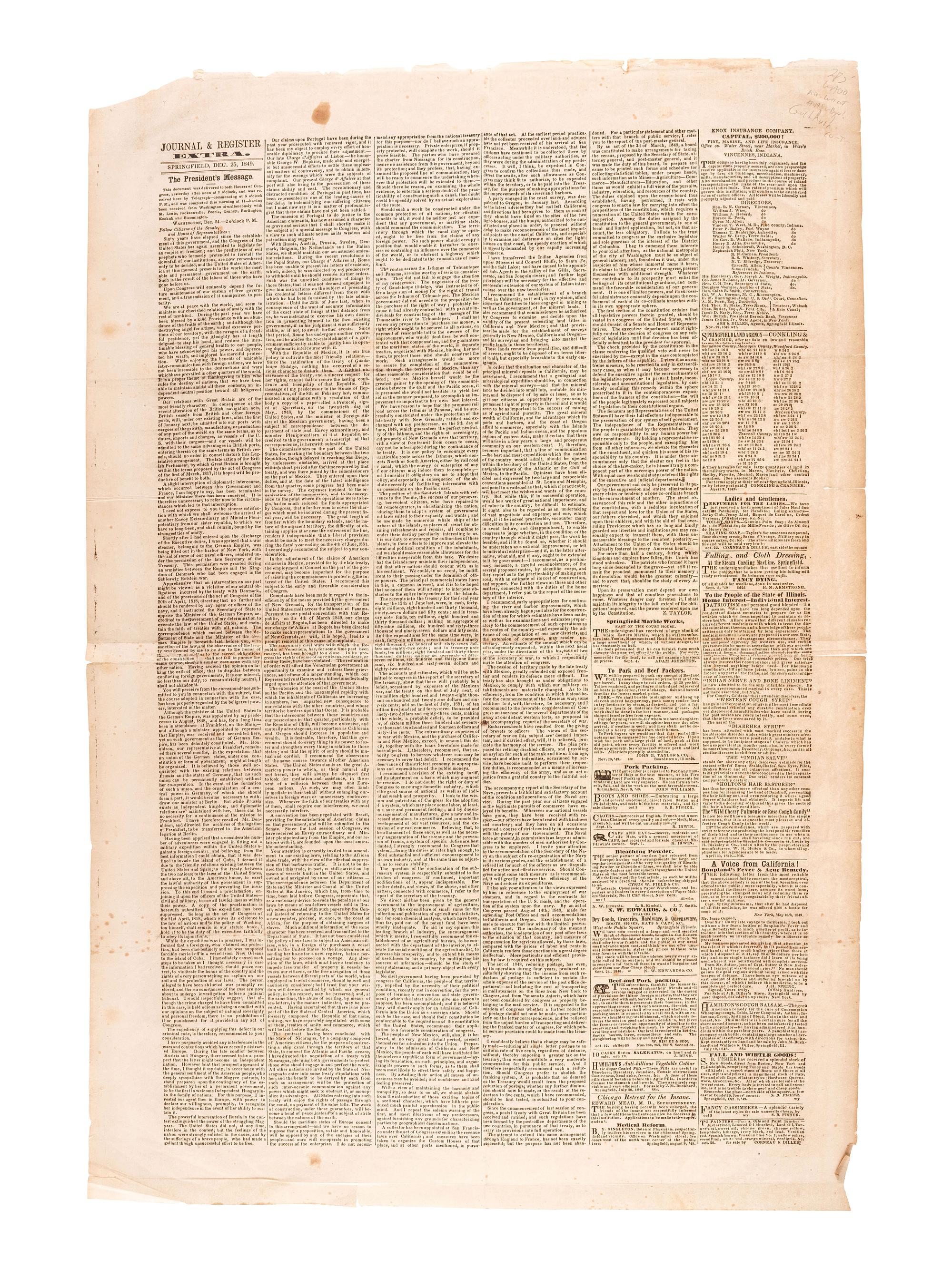 [TAYLOR, Zachary (1784-1850)] -- [CALIFORNIA GOLD RUSH]. Journal & Register Extra . Springfield, IL, 25 December 1849. Broadside featuring President Zachary Taylor's message to the country incl. California content.