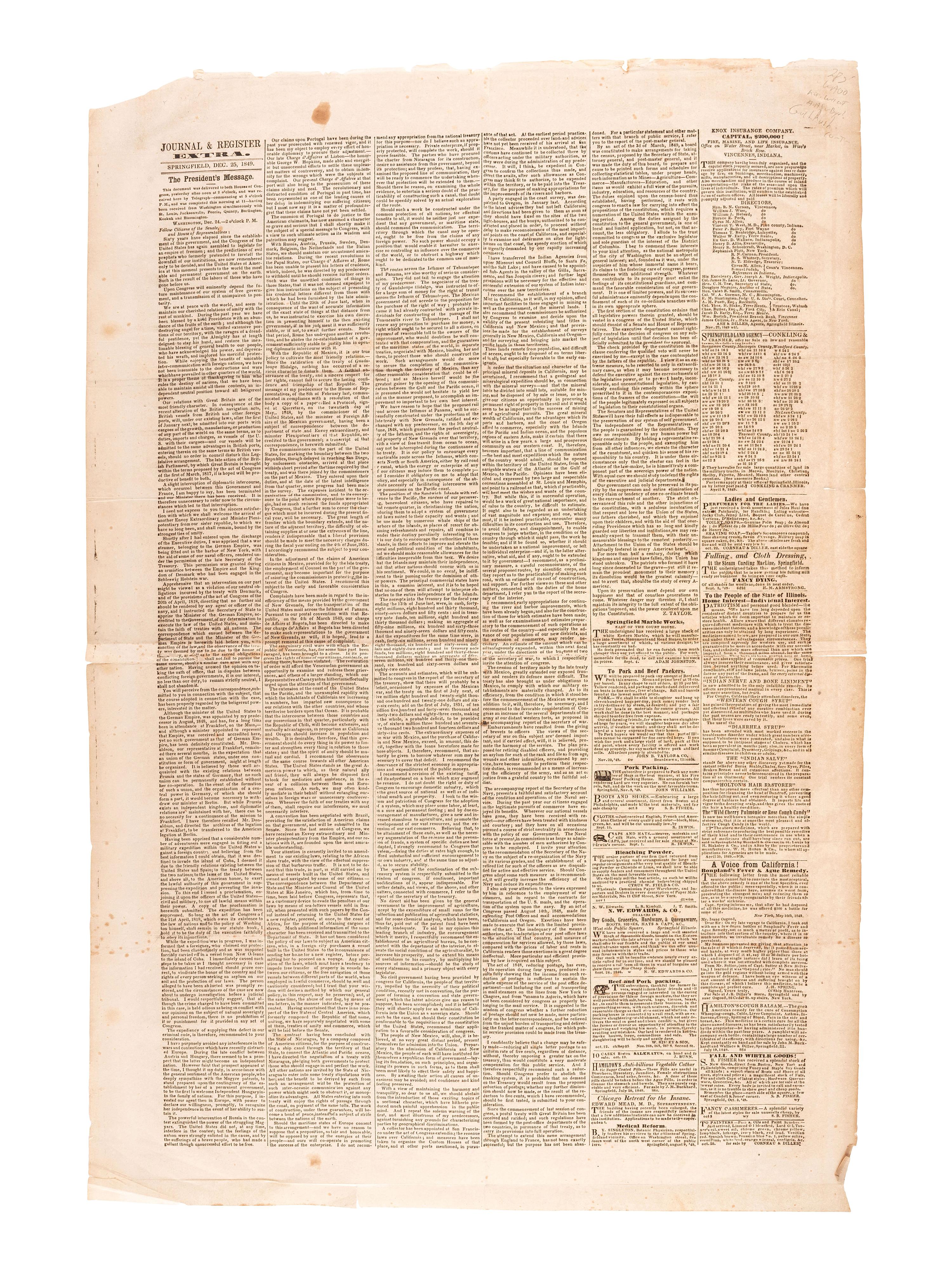 [TAYLOR, Zachary (1784-1850)] -- [CALIFORNIA GOLD RUSH]. Journal & Register Extra . Springfield, IL, 25 December 1849. Broadside featuring President Zachary Taylor's message to the country incl. California content.
